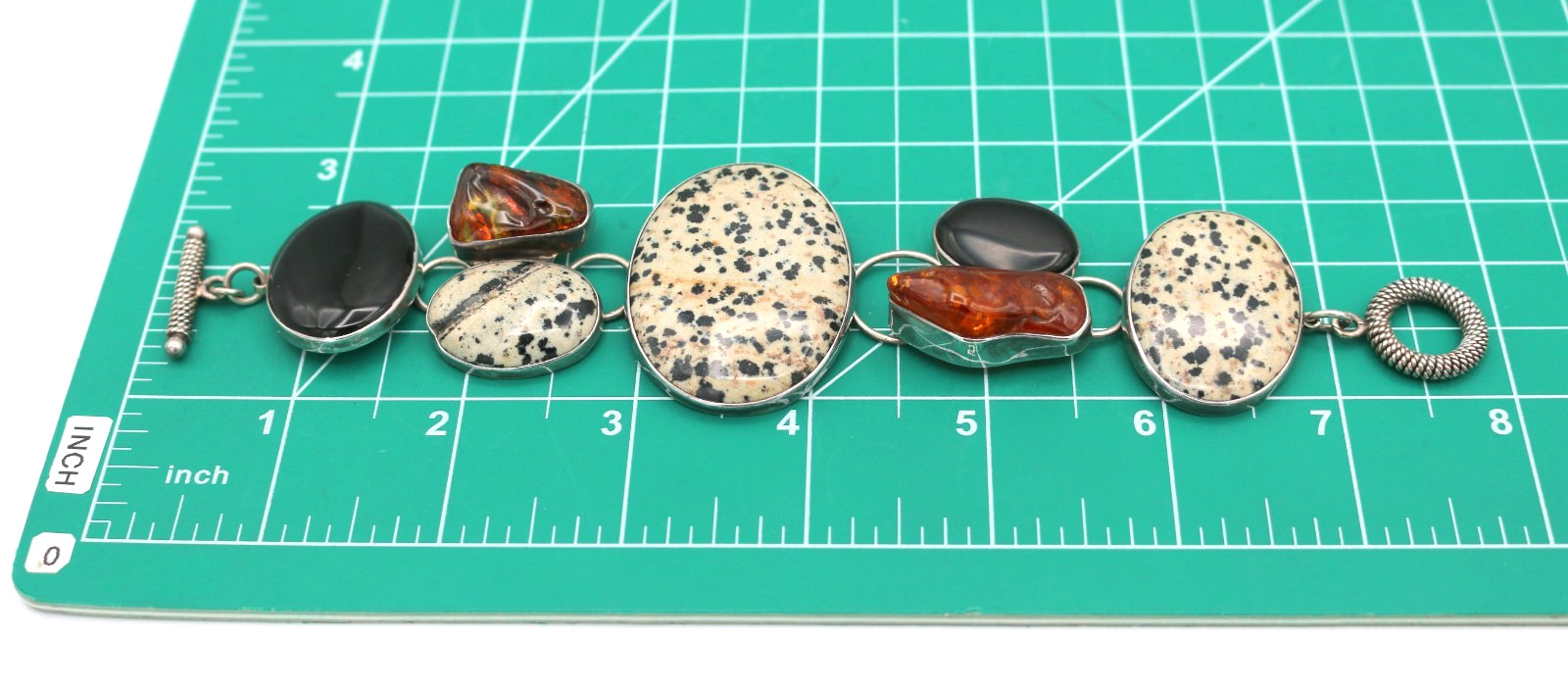 AKR Amy Kahn Russell 925 Sterling Silver Dalmatian Jasper, Amber & Onyx Bracelet