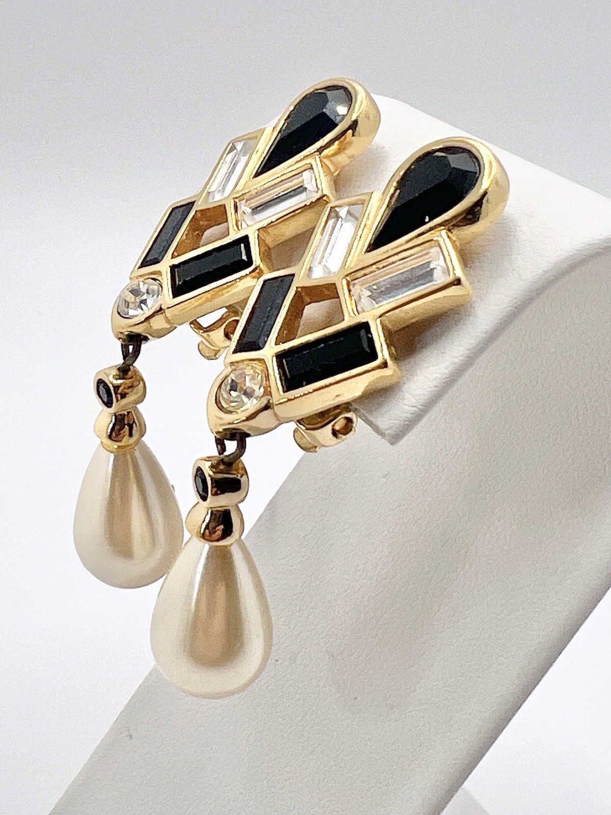 S.A.L. SWAROVSKI Crystal Pearl Drop Art Deco Inspired Gold Tone Clip Earrings