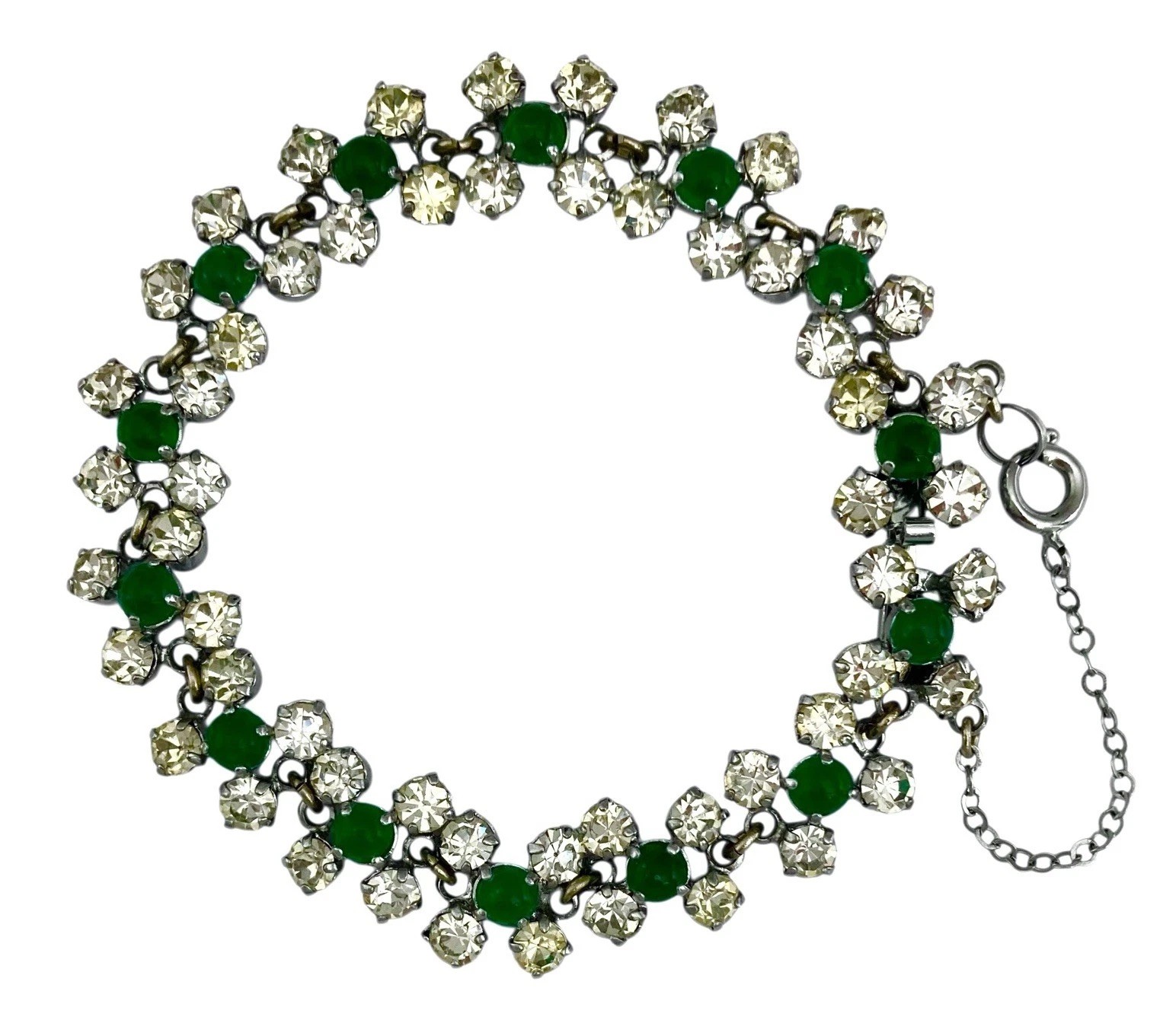 VINTAGE 1950’s Silver Tone Faux EMERALD & CLEAR AUSTRIAN CRYSTAL Link Bracelet