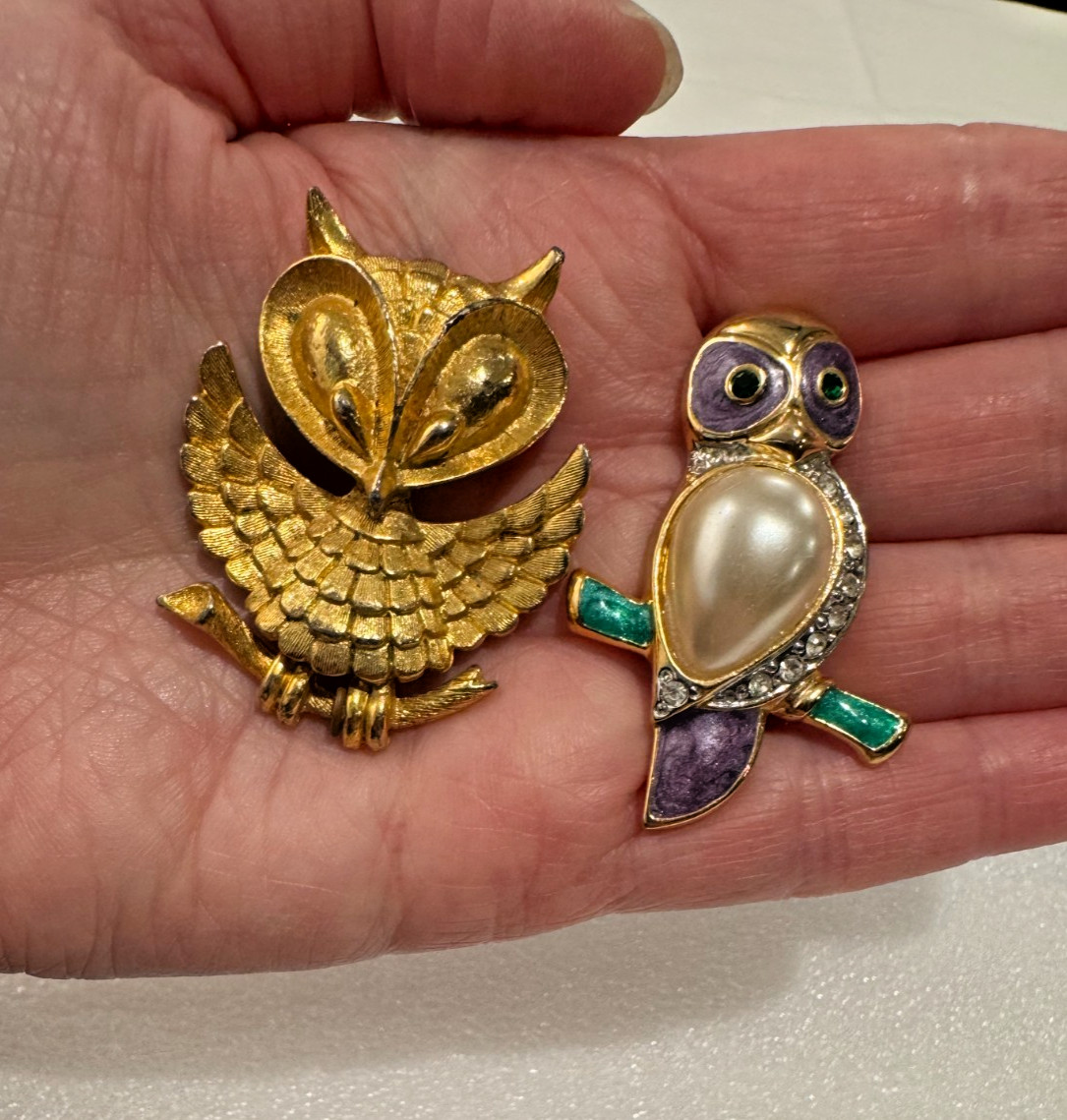 Lot of 4 Vtg Owl Bird Pins Brooches Rhinestones Mixed Metals Articulated Jonette