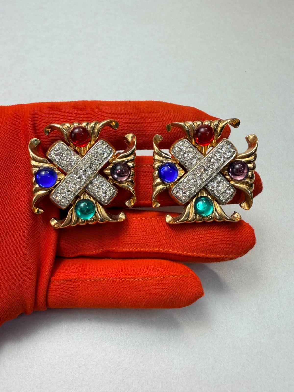 Vintage 80s Multicolor Gripoix Rhinestone X Clip On Earrings Statement