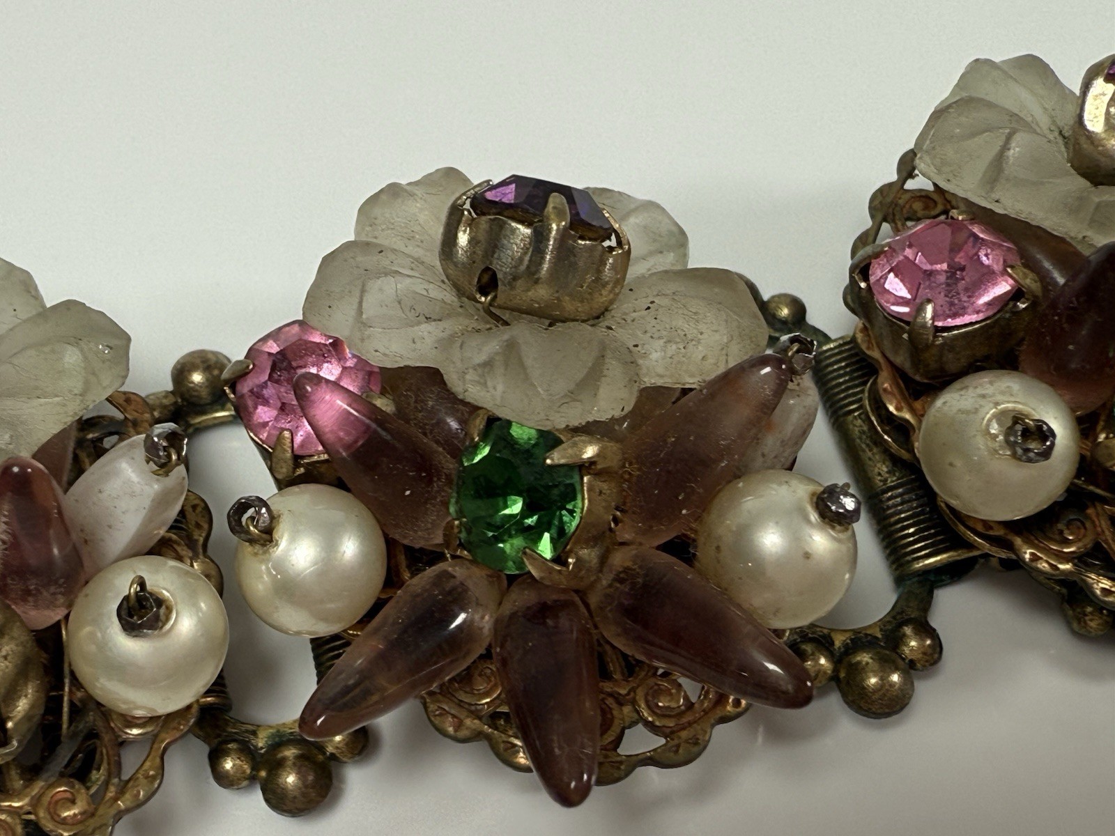 Antique Flower Glass Beaded Rhinestone Panel Bracelet 7″ Chunky 3D Book Chain