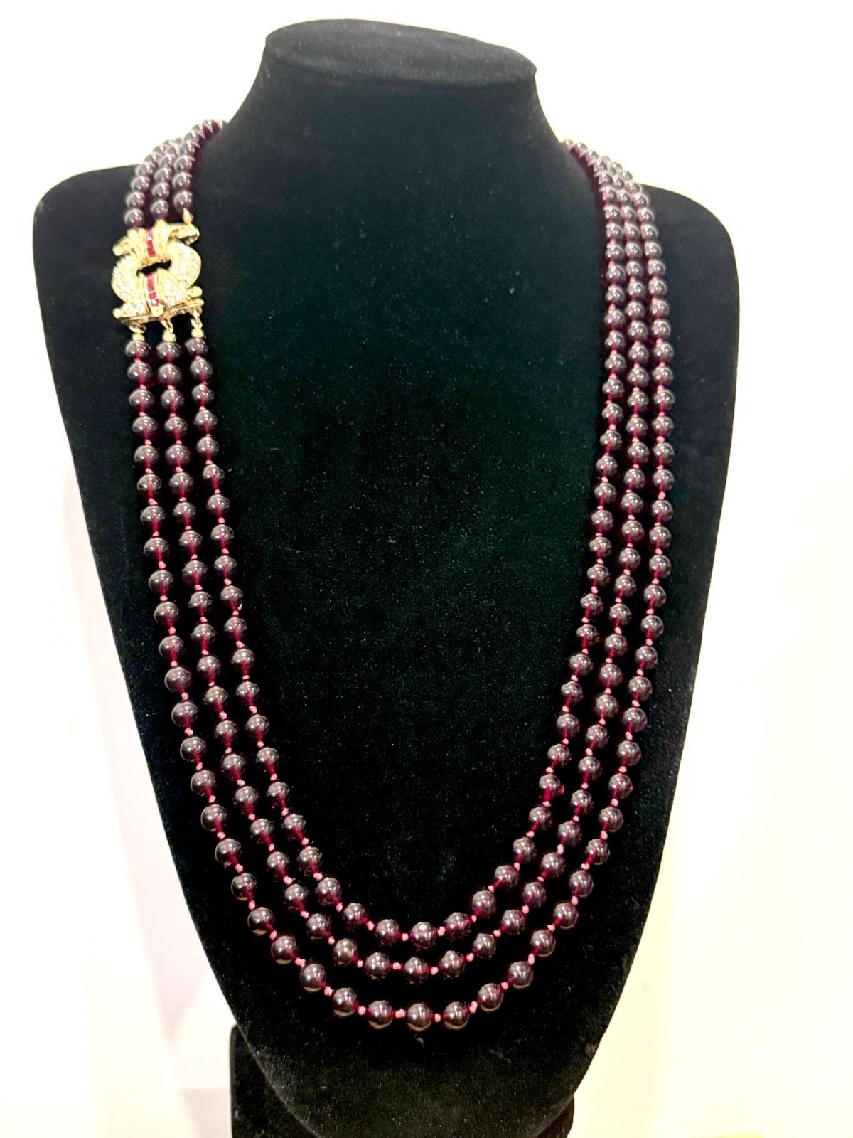NOLAN MILLER Glamour Collection 3 Strand Bordeaux Glass Garnet Necklace 30”