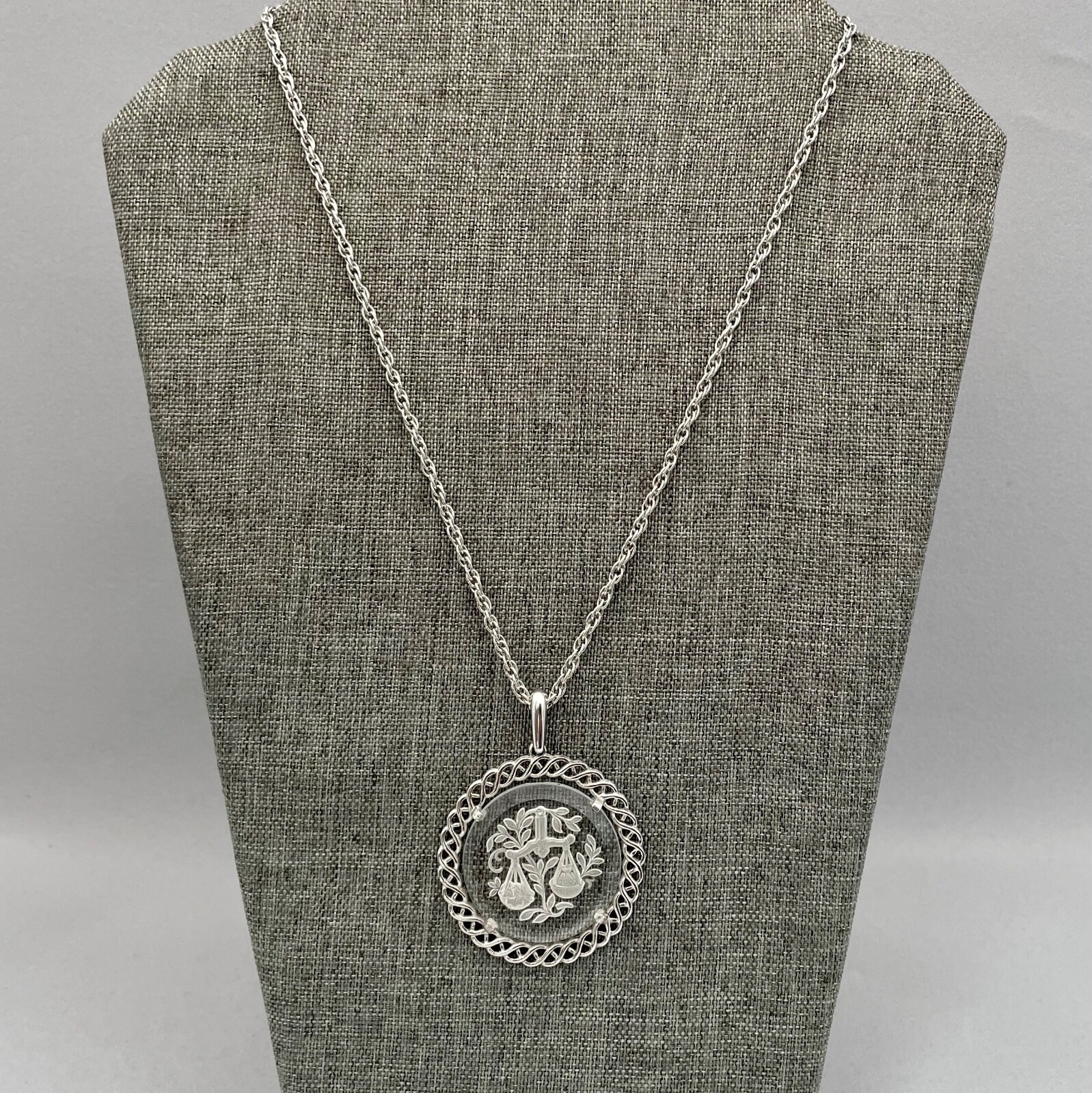 Crown Trifari Pendant Necklace Scales of Justice Reverse Etching Glass 22 Inches