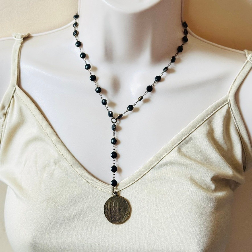 Gothic Style Rosary Cross Coin Necklace Devotional Rustic Chain black Jet Glass