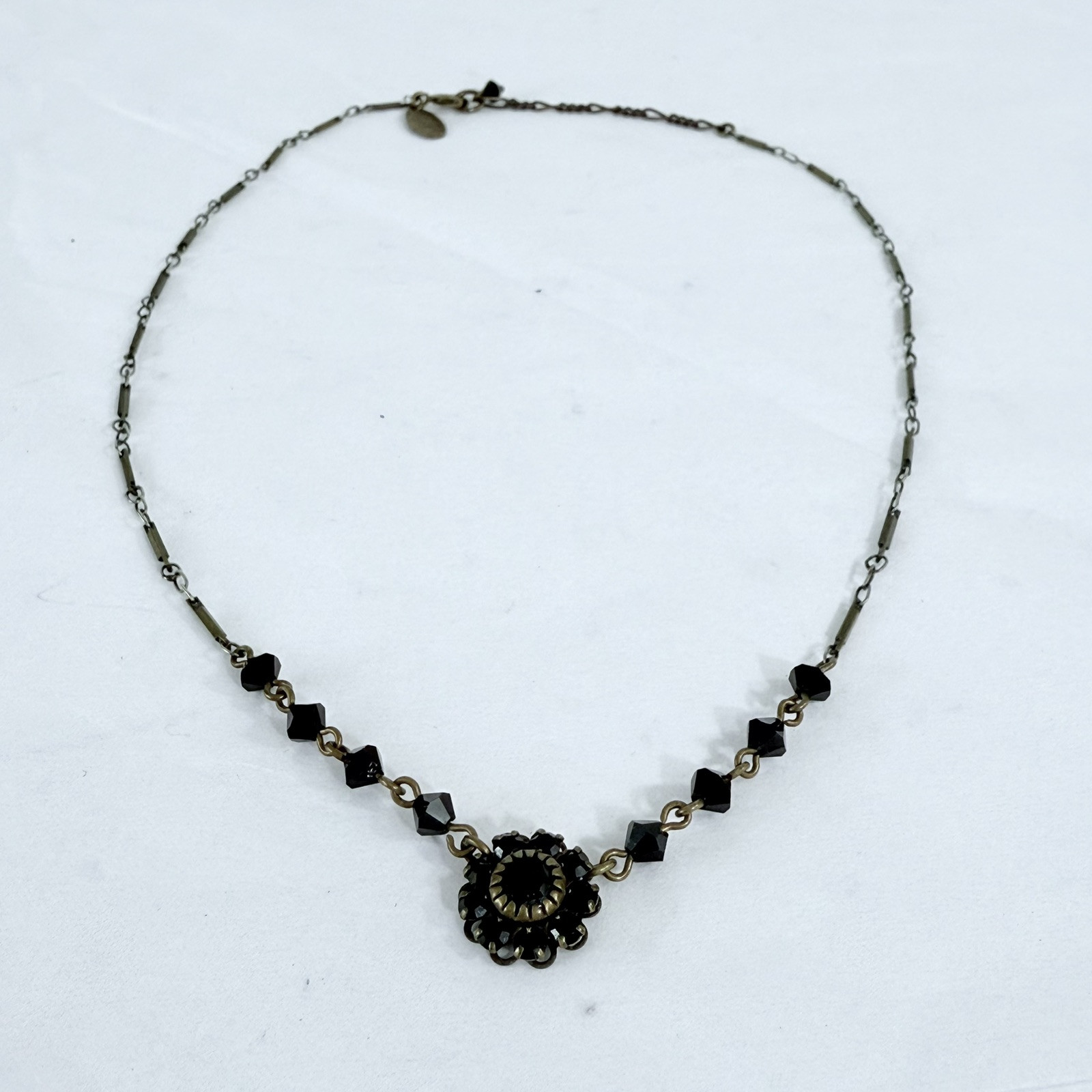 Vintage LIZ PALACIOS SF Dainty Black Rhinestones Gold Tone Bar Link Chain 16.5in