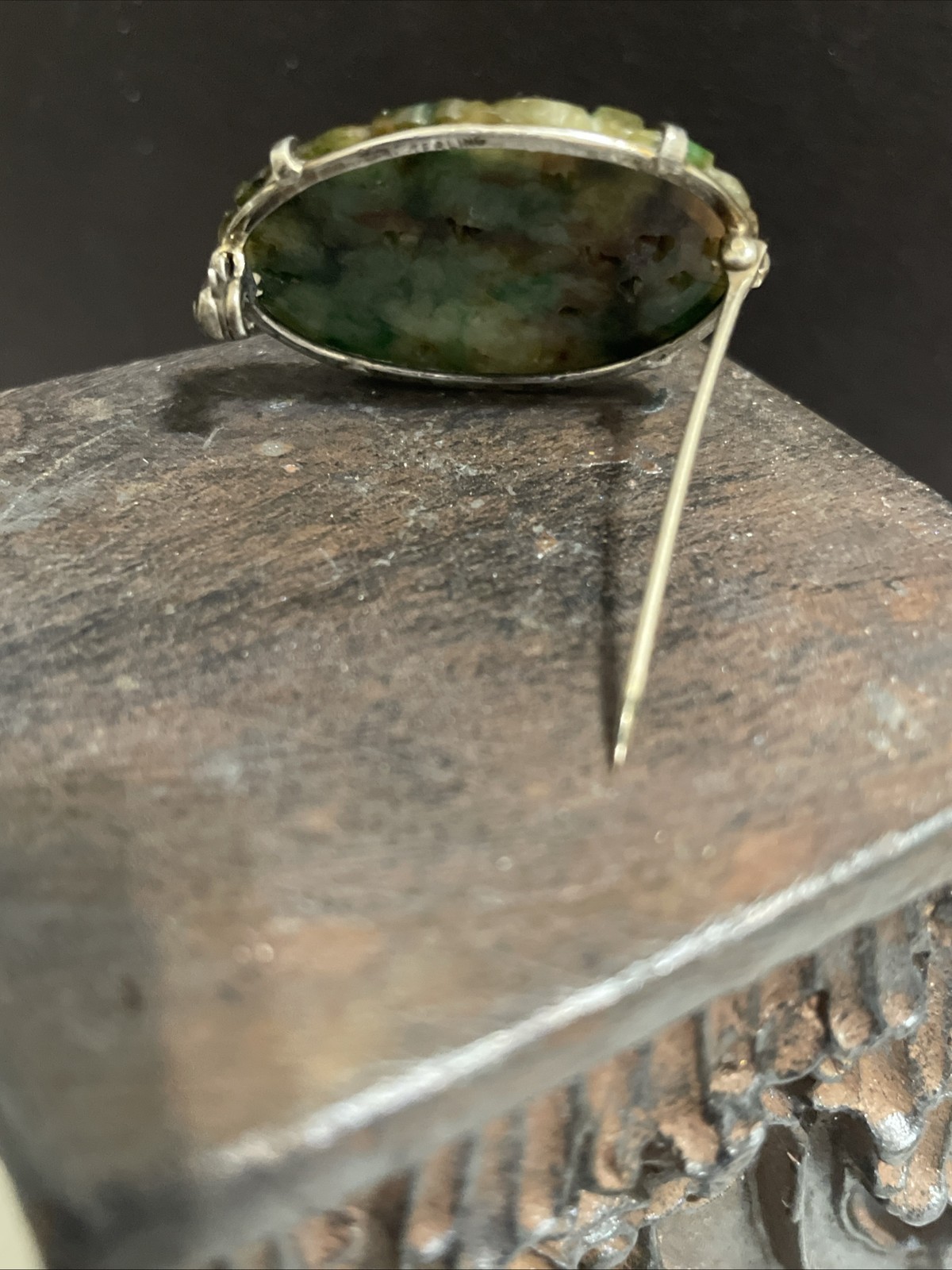 Vintage Floral Carved Green & Brown Jade Jadeite Sterling Silver Brooch Pin