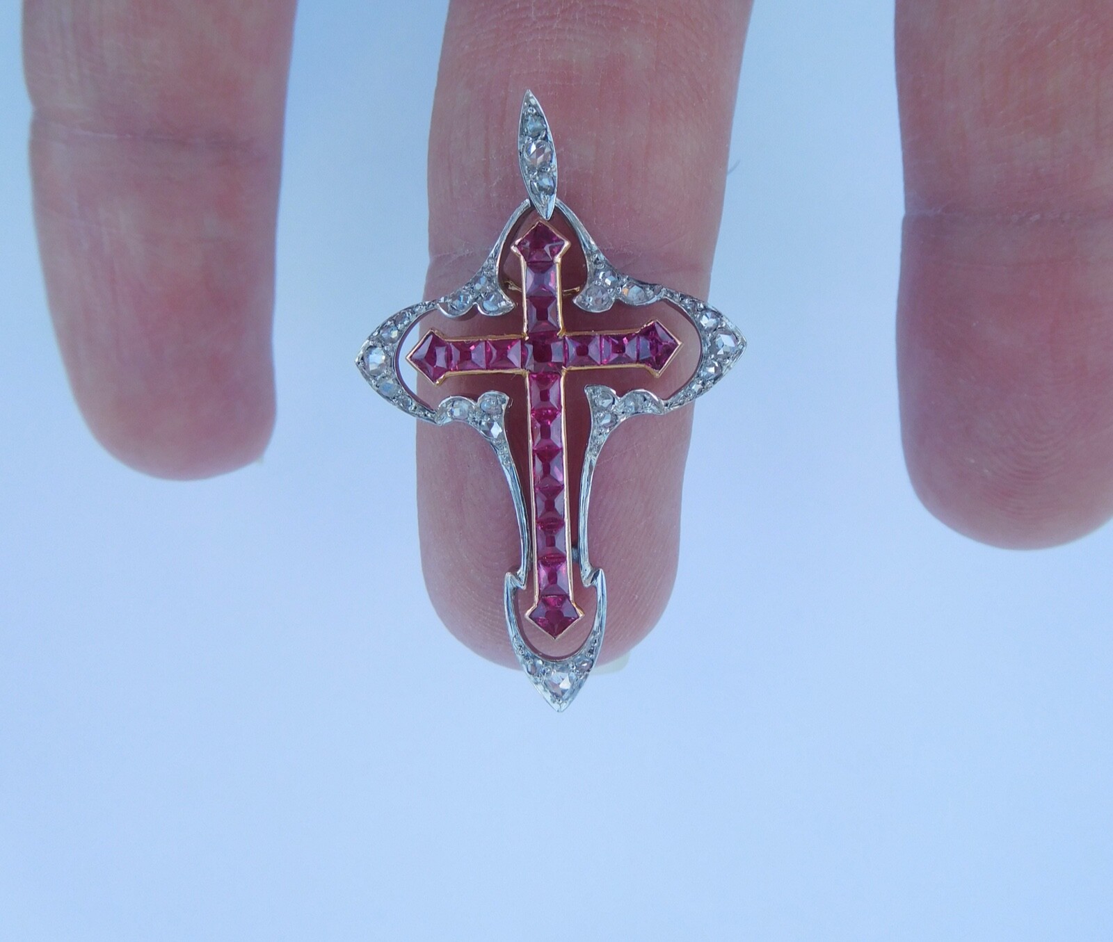 Belle Époque Art Nouveau 18K Rose Gold Platinum Diamonds Rubies Cross Pendant 🥀