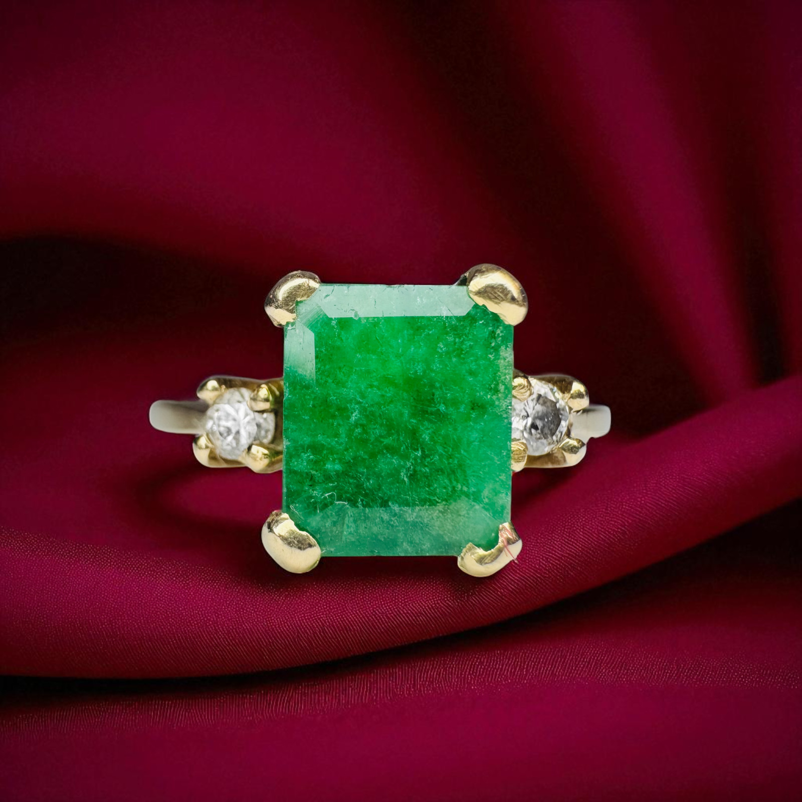 Natural Zambian Emerald & Diamond Ring 14K Gold Vintage 1.1CT Emerald Size 7