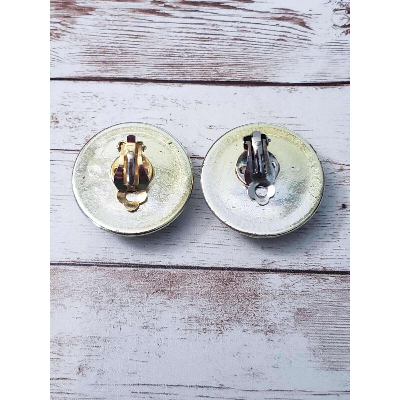 Vintage Clip On Earrings Dark Green Center with Gold Tone Halo Statement