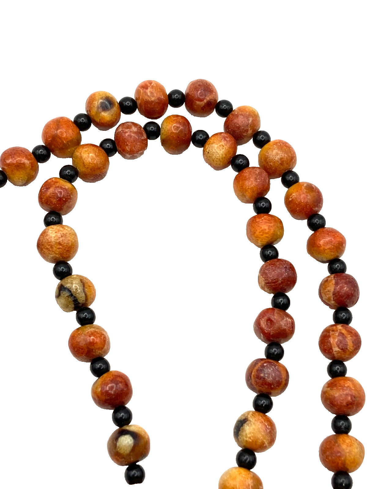 Vintage Apple Sponge Coral Red/Orange Beaded Necklace Black Agate? Gold Tone 24″
