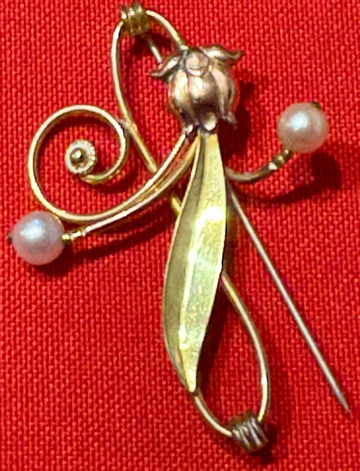Vintage 1/20 12KT GOLD FILLED Van Dell SIGNED Angel Person PEARL LEAF PIN BROOCH