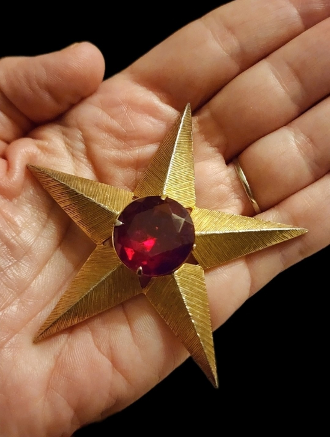 HUGE Vintage MCM Star Brooch Garnet Glass Stone