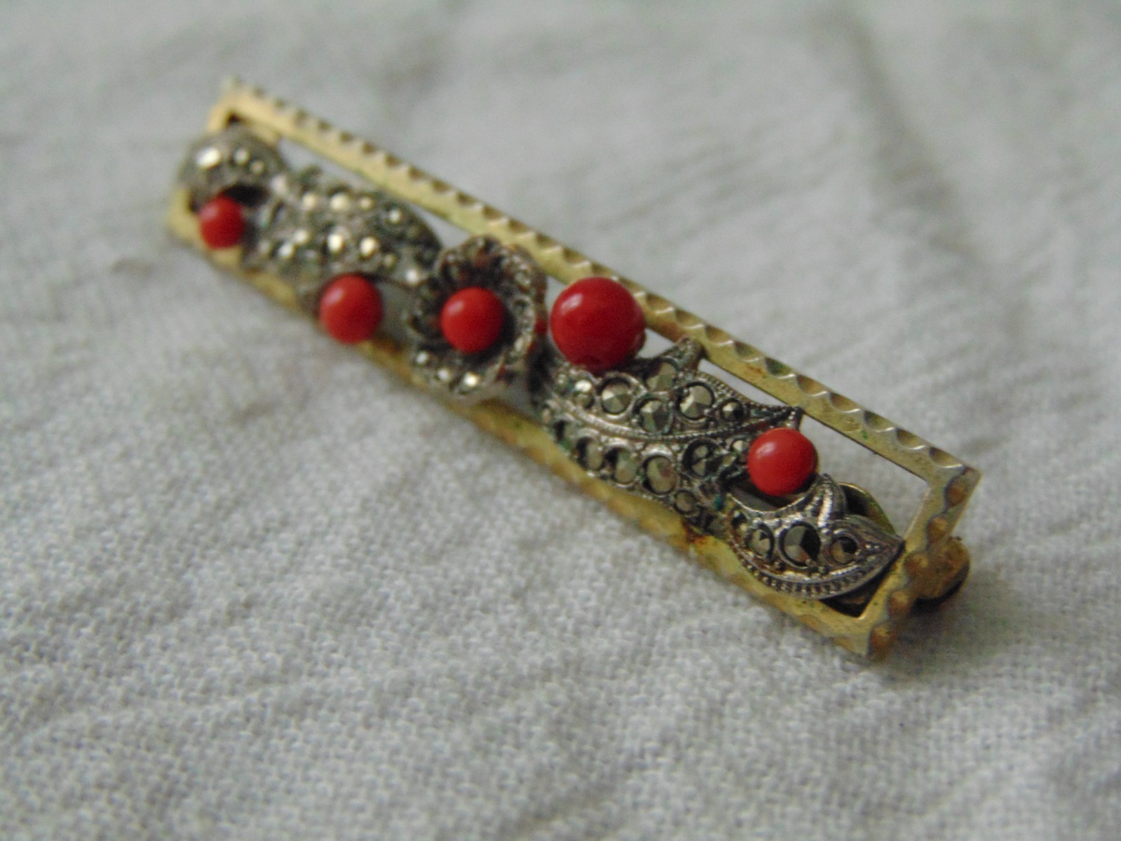 antique Victorian genuine Coral beads Marcasites sparkling rectangular brooch