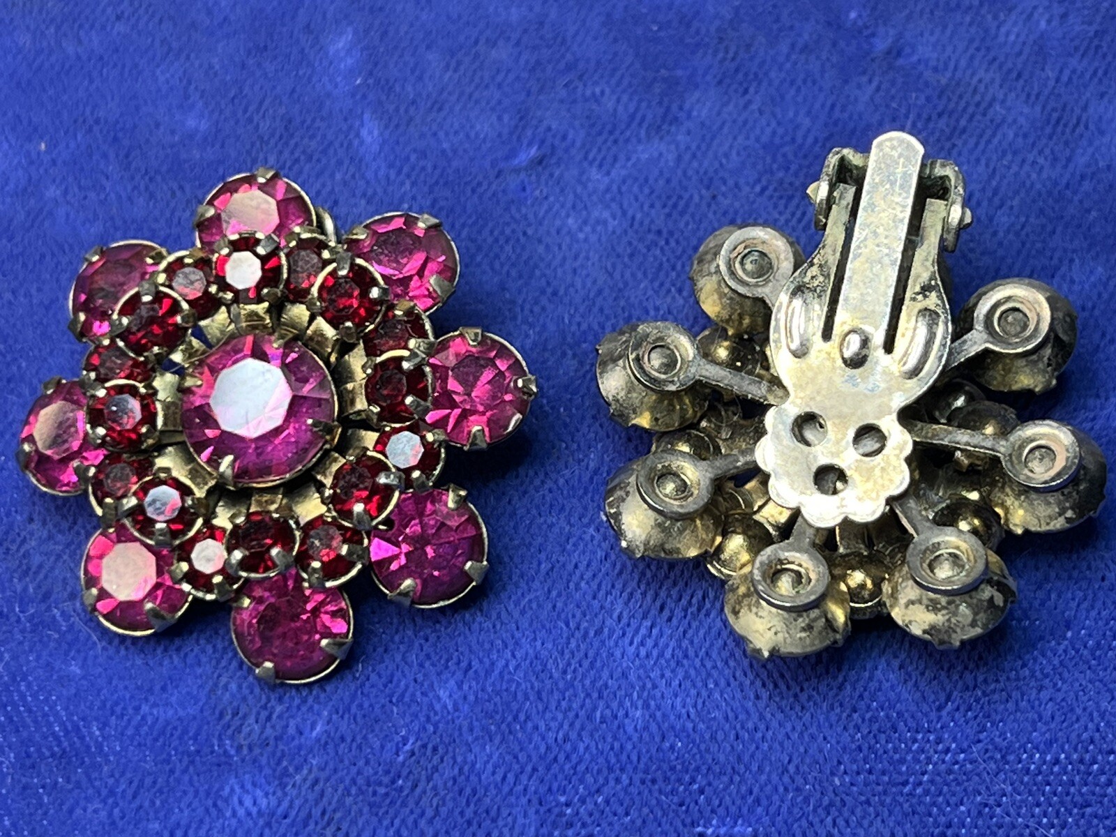 Vintage Rhinestone Dome Brooch Crystal Fuchsia Pink Red Garnet Layered Earrings
