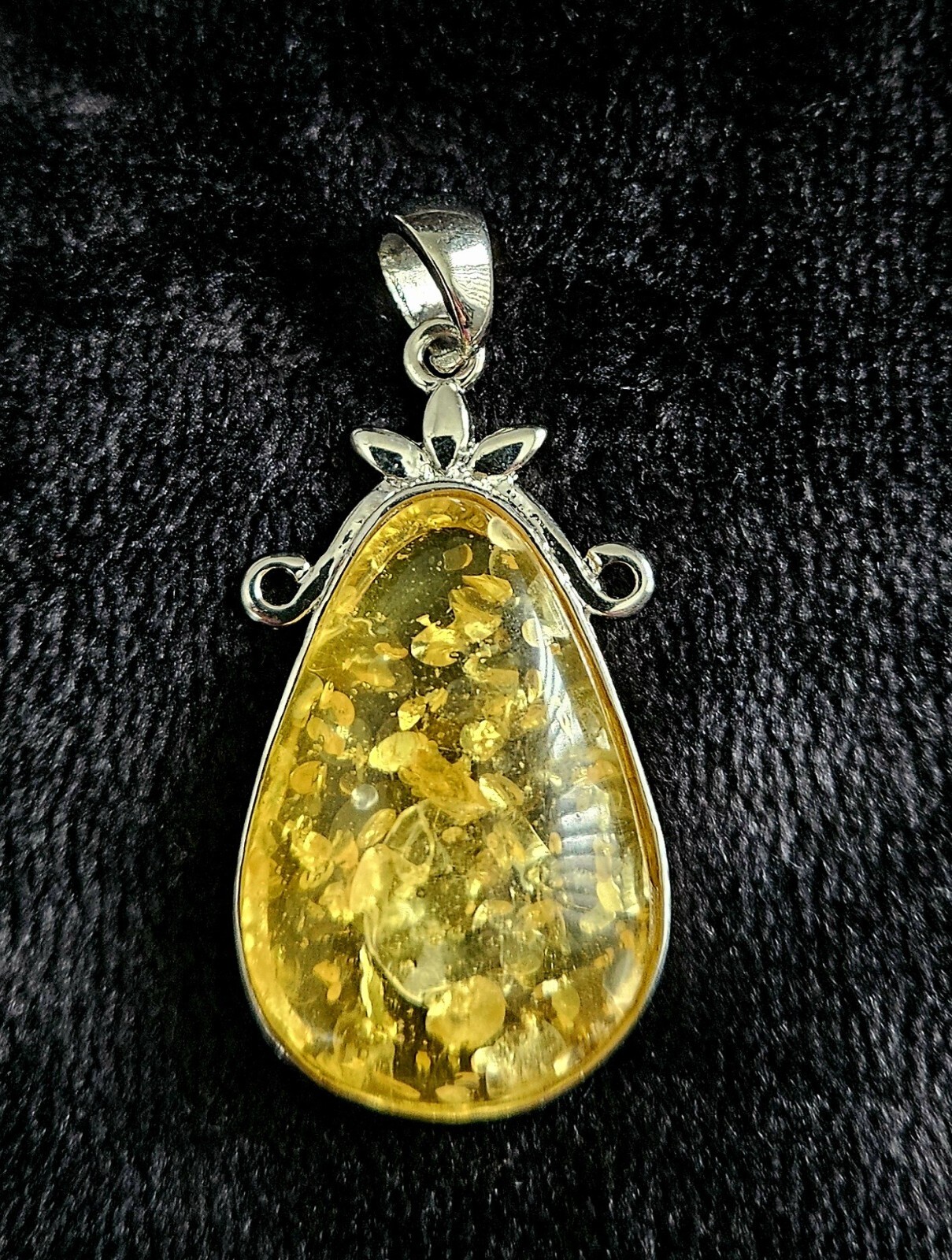 Vintage Yellow Flecked Confetti Pendant Silver Tone Teardrop Approximately 2″