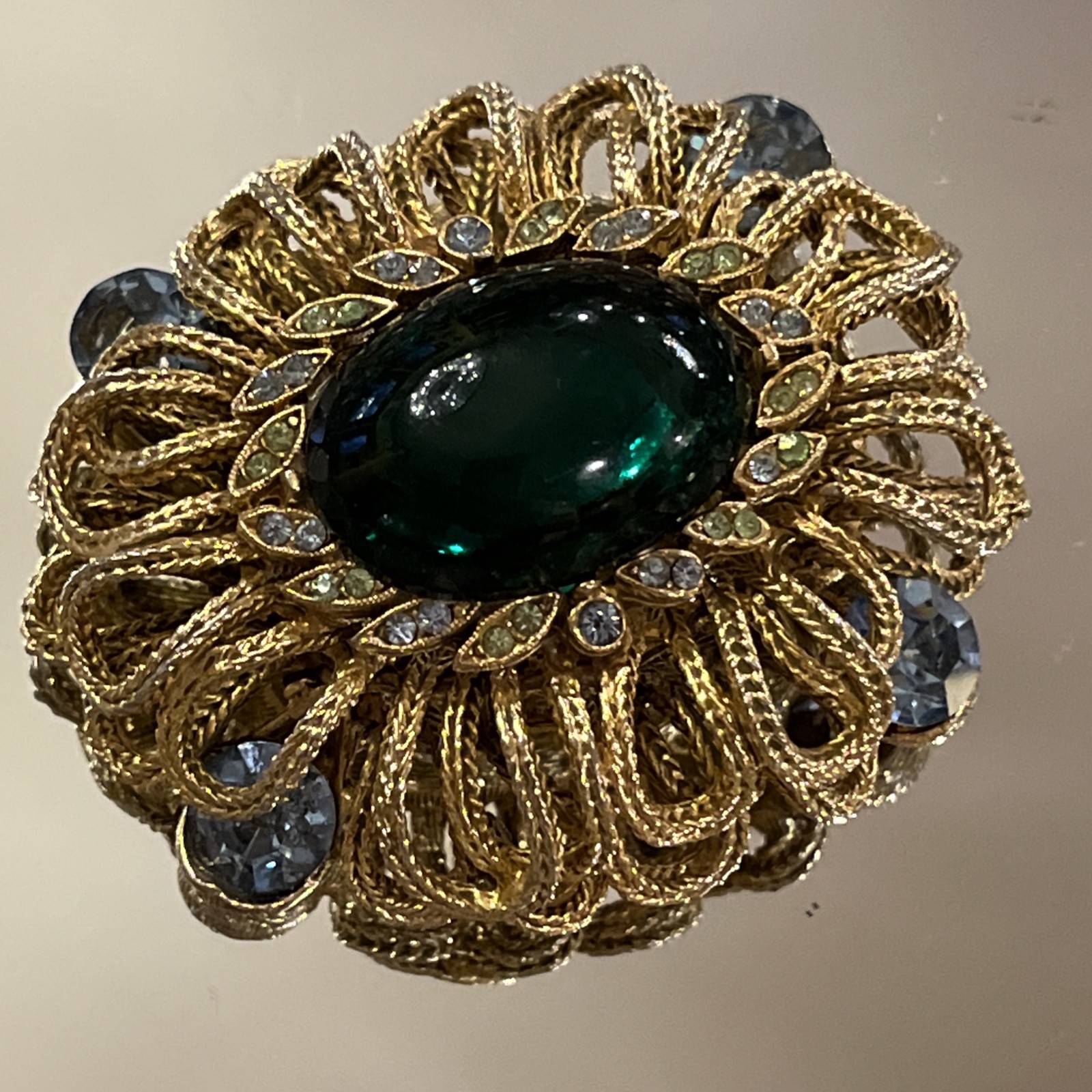 Vintage Capri Green Gripoix Glass Cabochon Blue Green Rhinestone Ornate Brooch