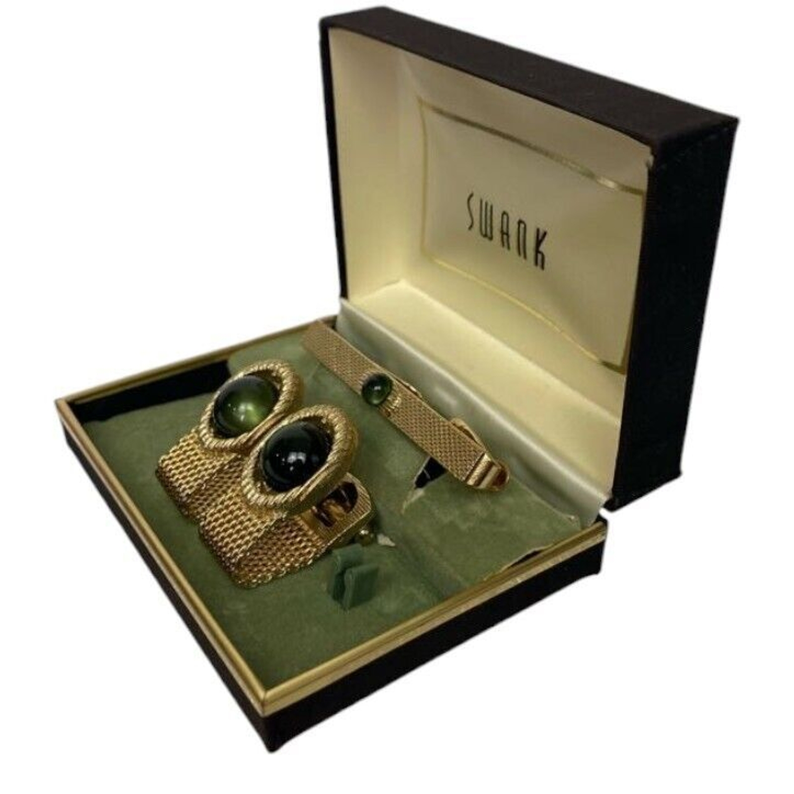 SWANK Green Cabochon Wraparound Mesh Fold over Cuff Links & Tie Clip Vintage