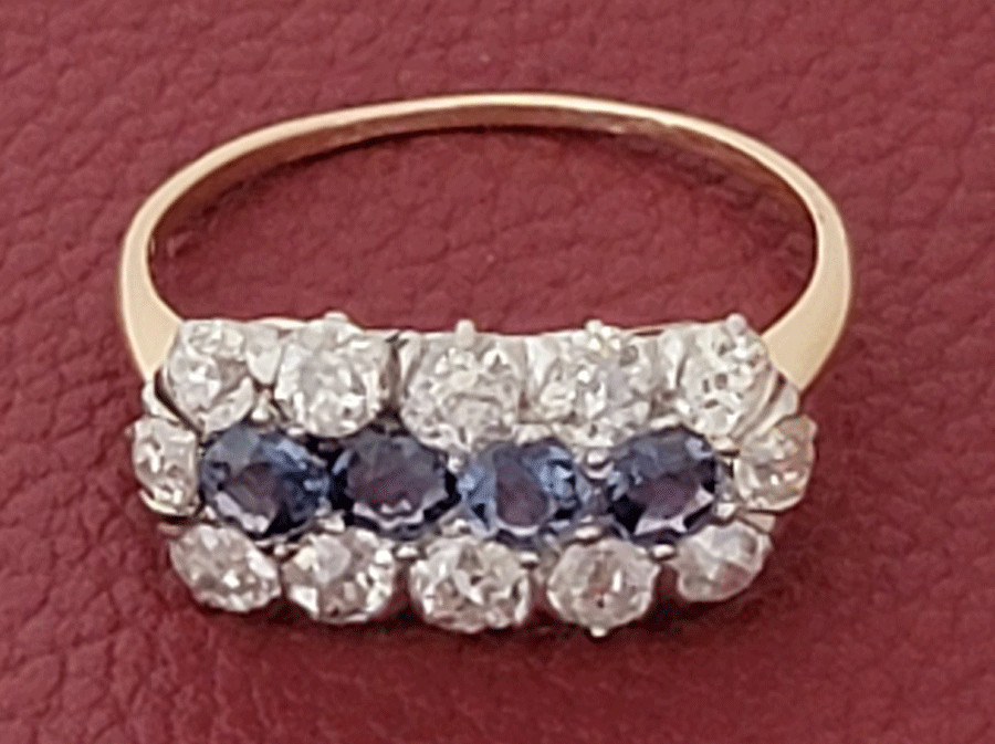 Antique Old European Cut Diamond & Blue Sapphire 14K Gold & Platinum Ring