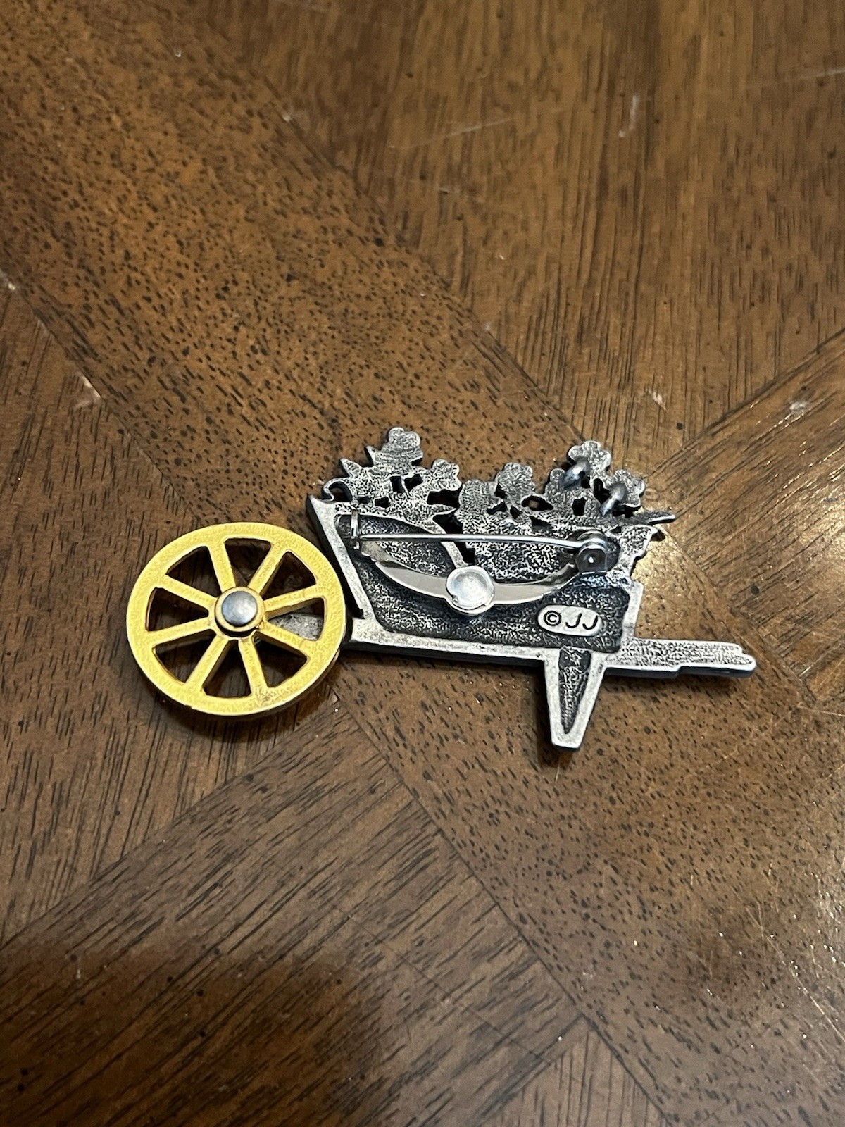 Vintage JJ Jonette Flowers in Wheelbarrow Brooch Signed Nice!