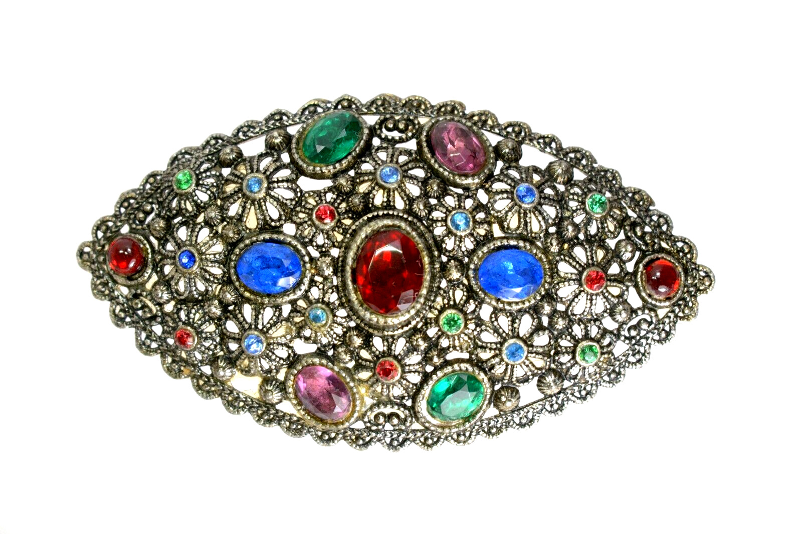 New England Glass Works Brooch Pin Czech Glass Rhinestones, Floral Art Nouveau 1