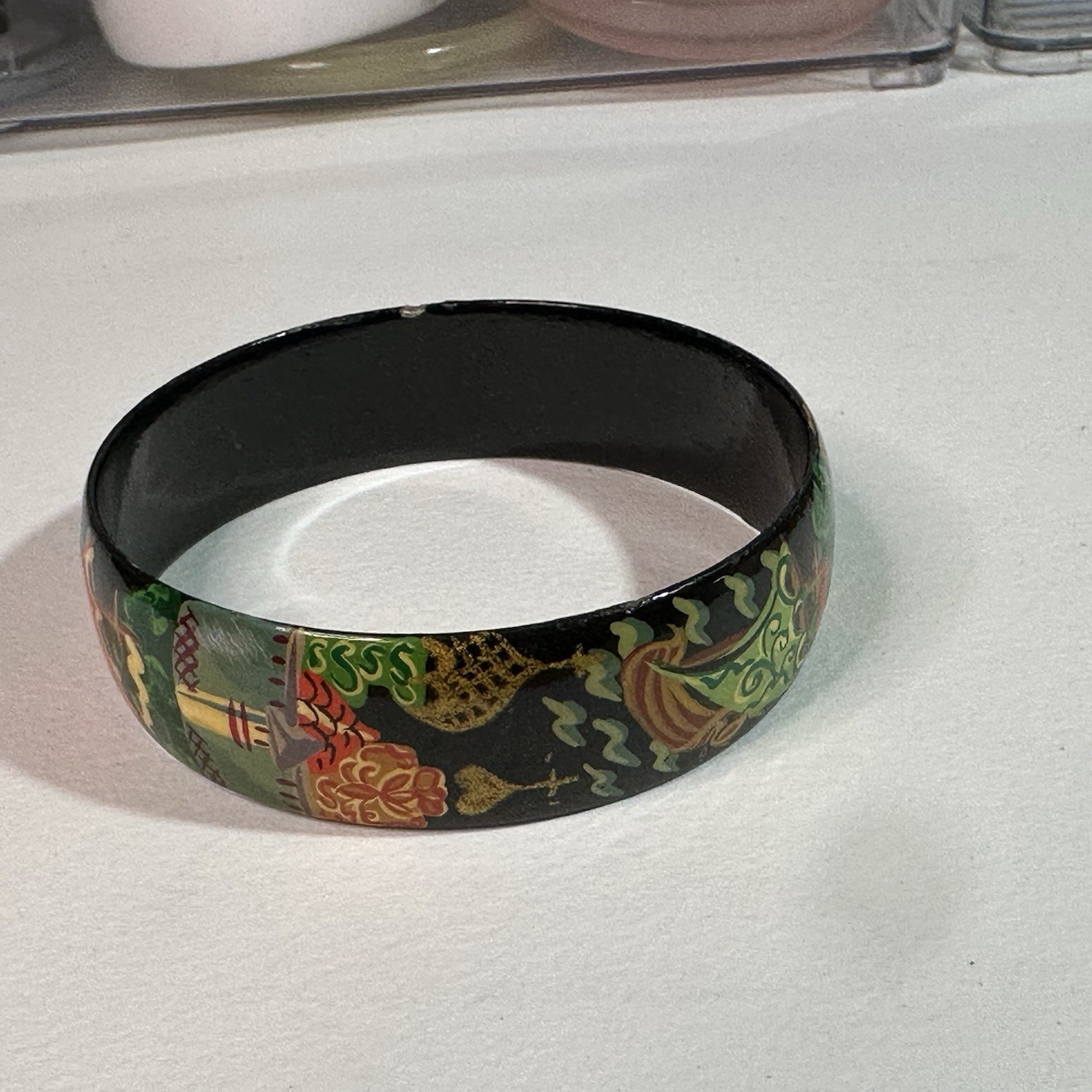Vintage Hand Painted Russian Lacquer Bangle Bracelet Buildings