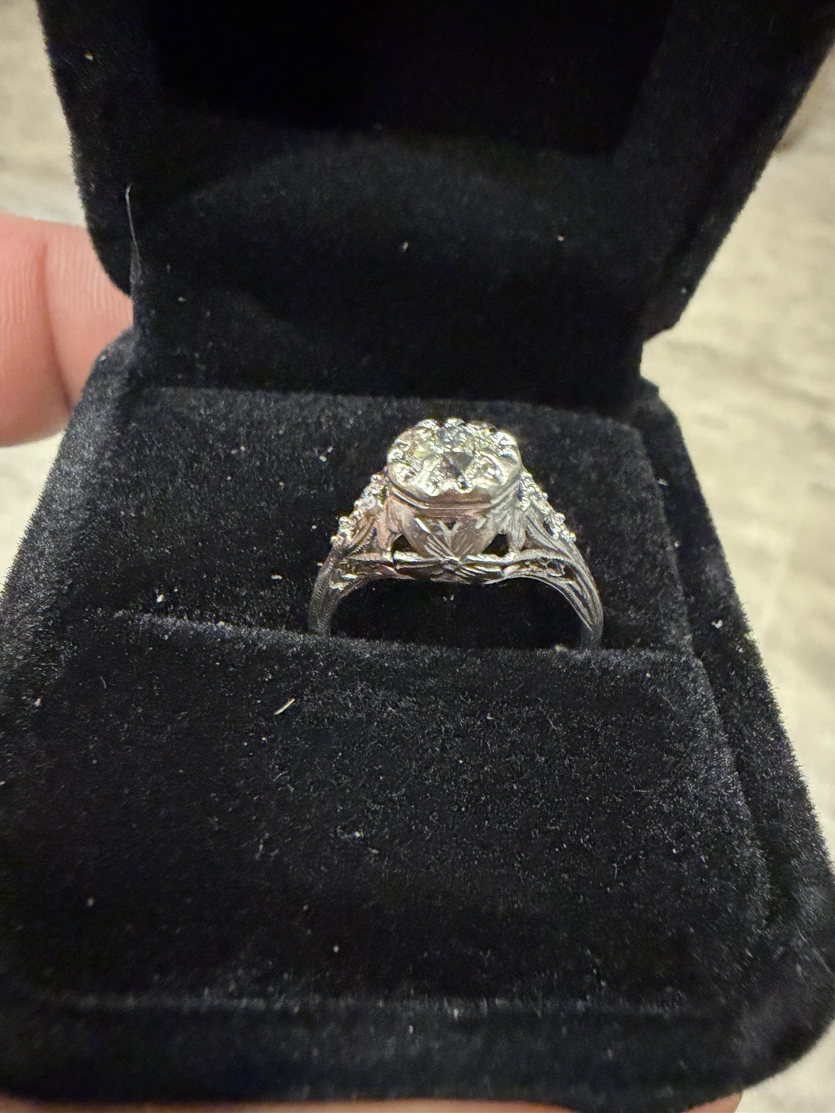 One vintage 18 karat white gold diamond ring with 5 Old European Cut Diamonds.