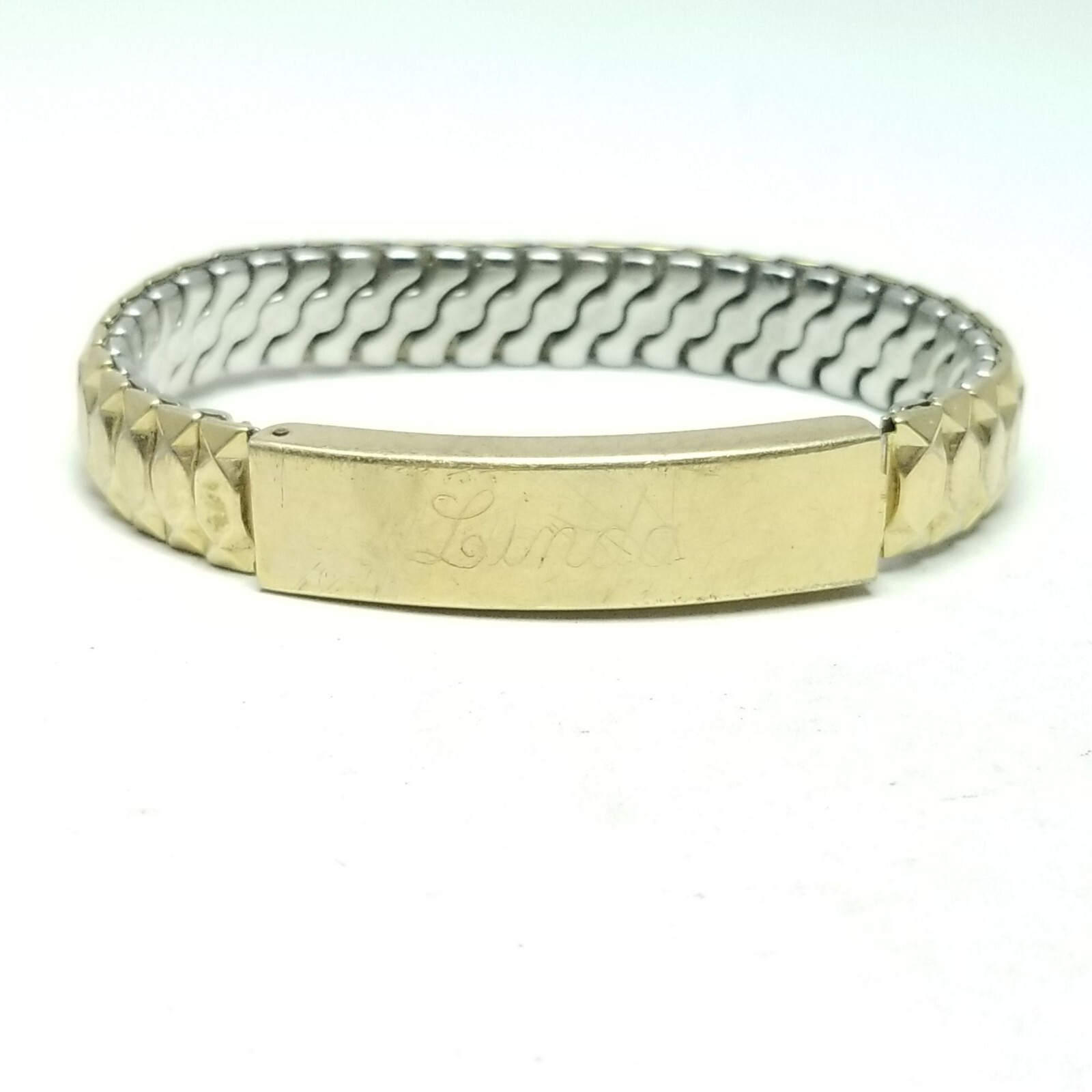Vintage Engraved ID Bracelet, Linda Love Jim Gold Tone Stretch Band Bangle