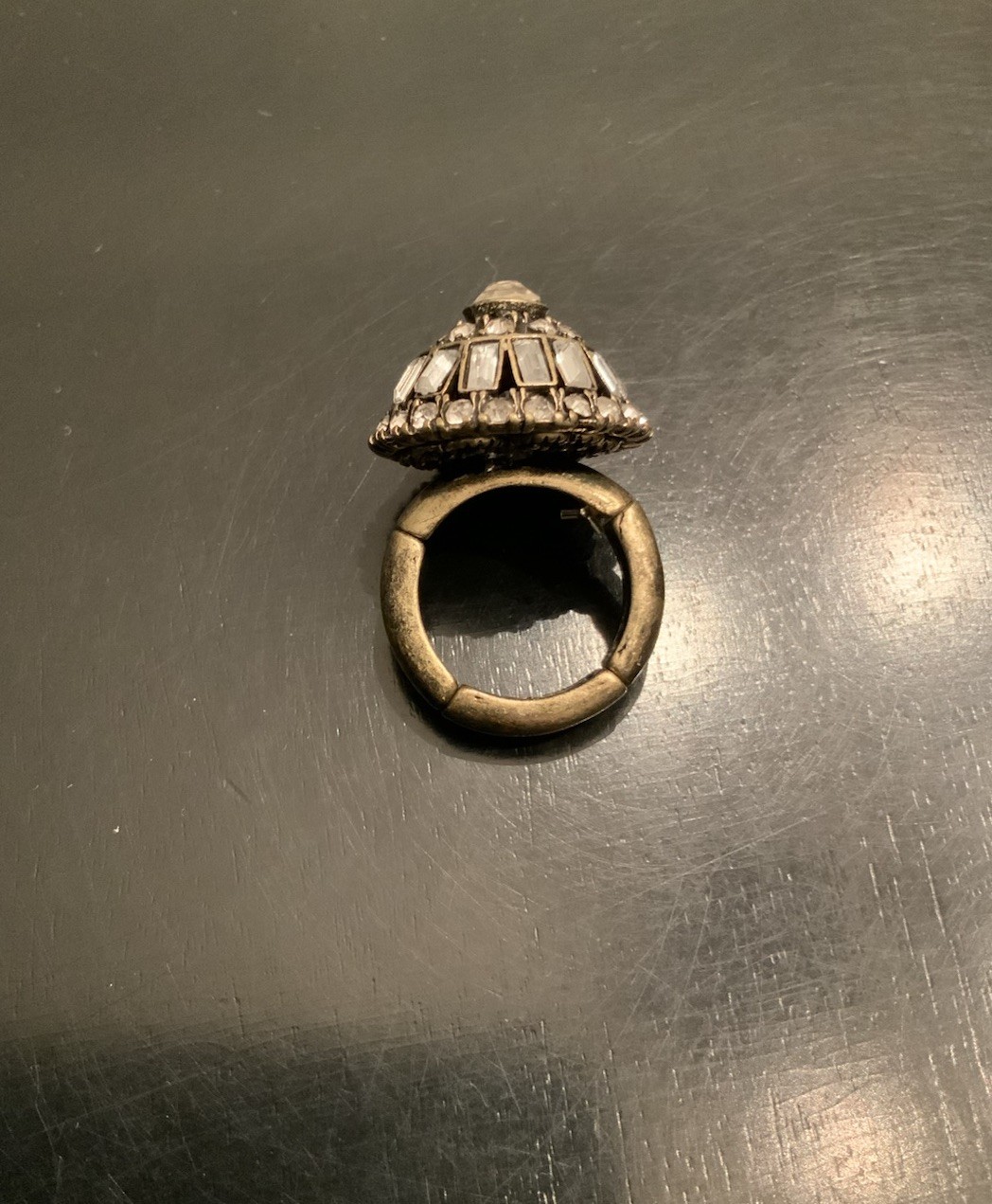 Gold Tone Rhinestone Dome Ring Stretch Tubular Band Fits Various Sizes Boho