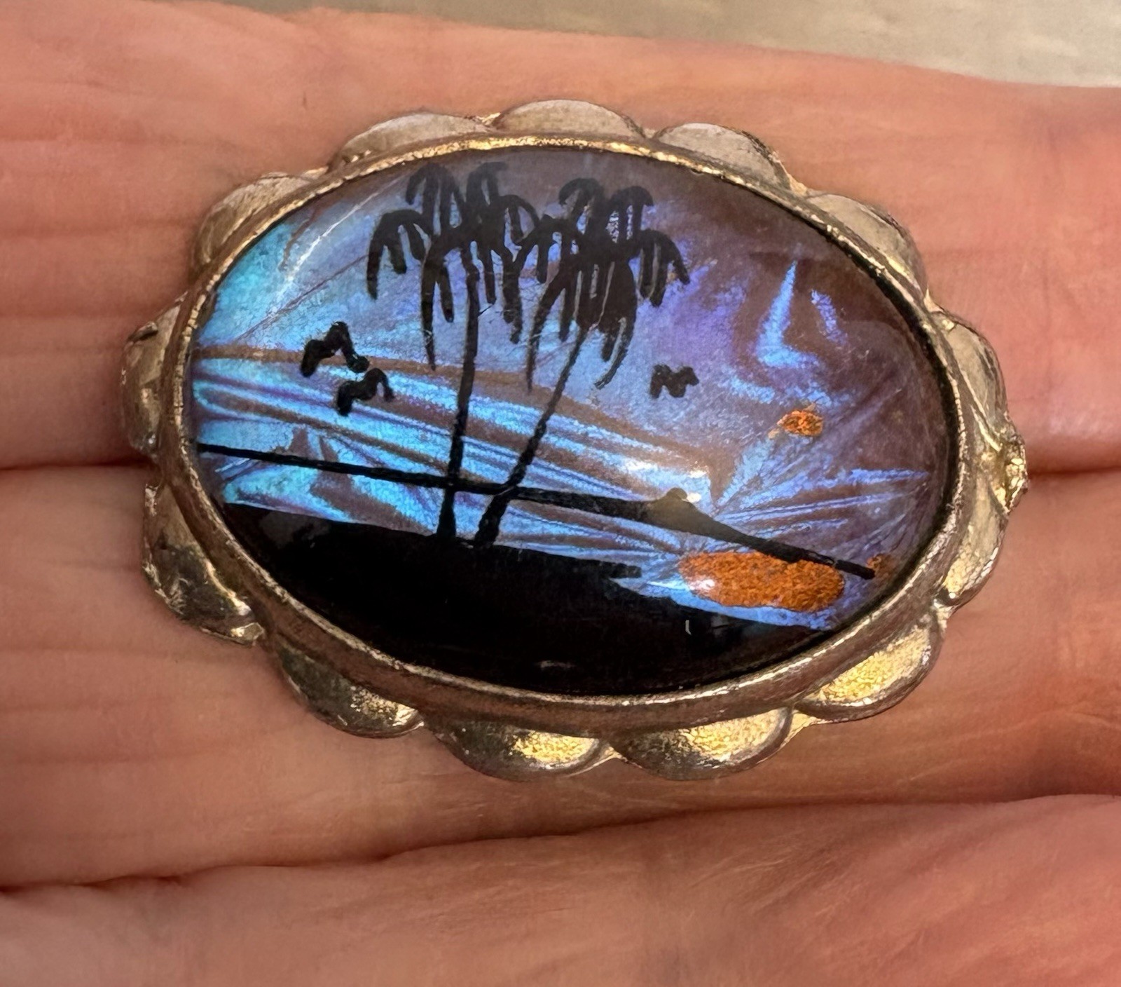 Art Deco Era Vintage Butterfly Wing Brooch Luminous Palm Tree Beach Glass Bubble