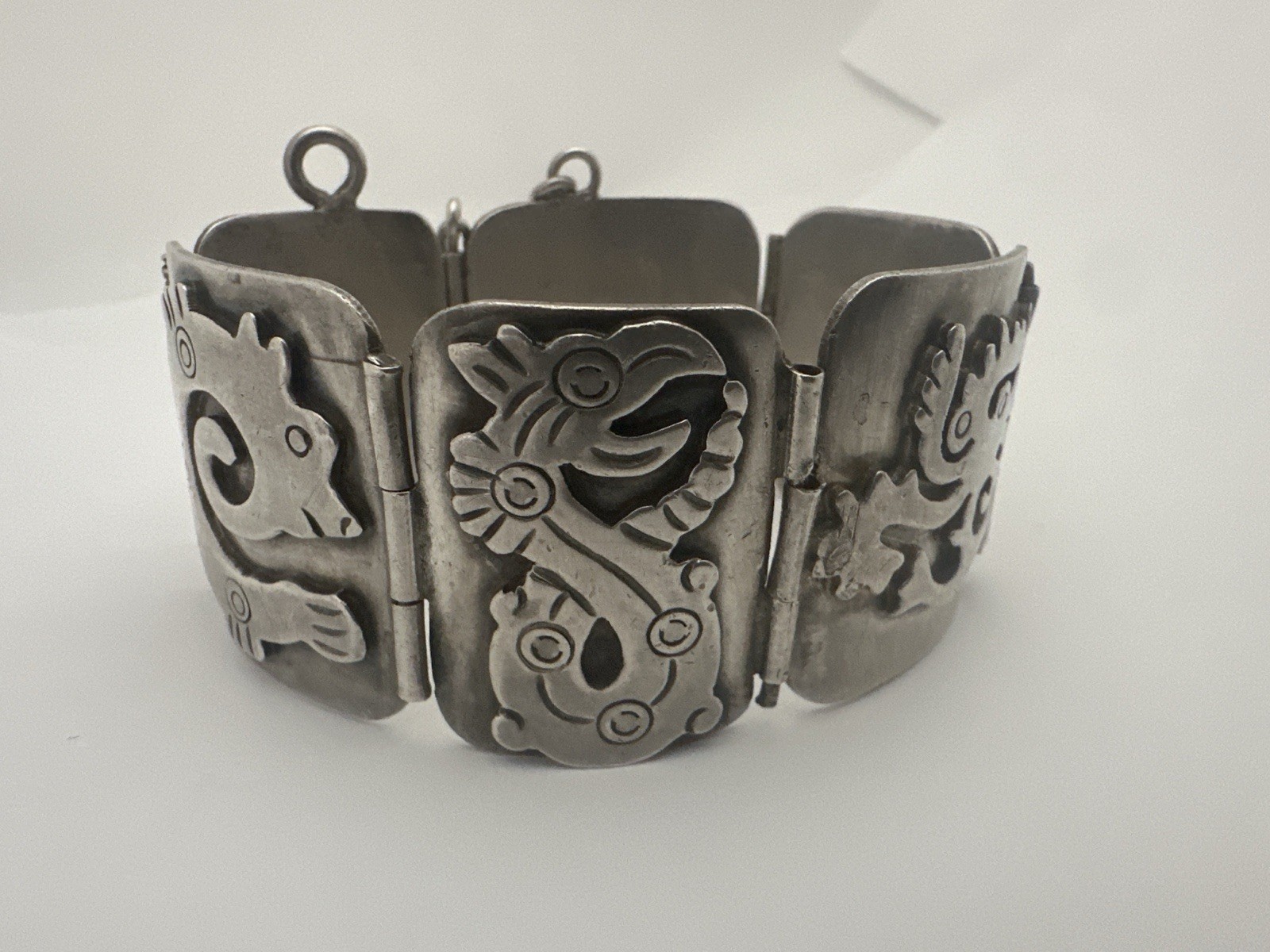 Vintage Early Taxco Mexico 980 Silver Panel Aztec Mayan Bracelet, 89 Grams