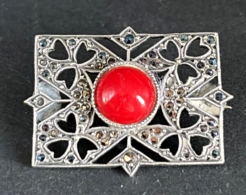 Vintage Art Deco Sterling Silver Coral & Marcasite Brooch Pin Tested 4.9g