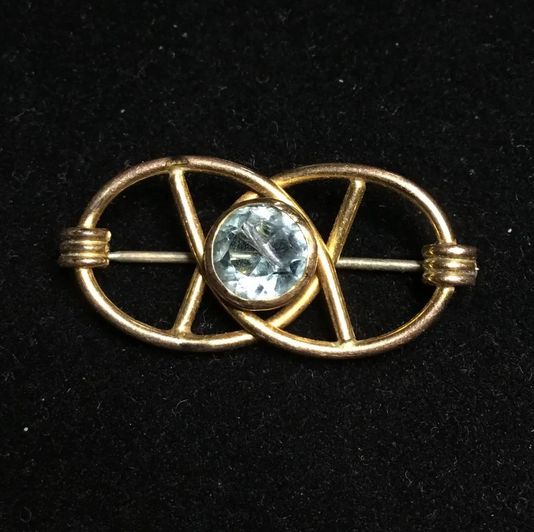 Vintage Deco 1/20 10K Gold Filled Aquamarine Conjoined Circles Brooch Pin 1-1/4″