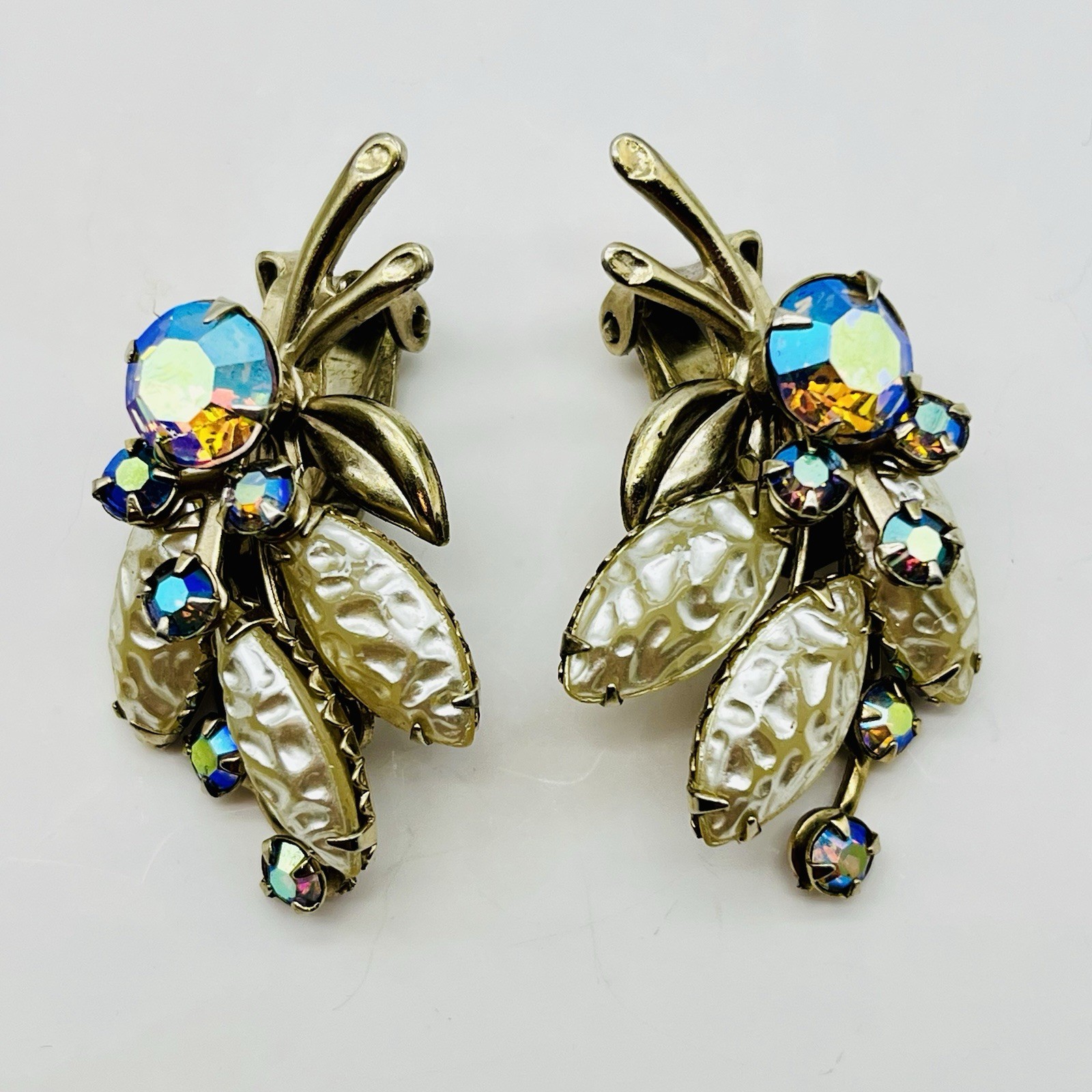 Vintage AB Rhinestone Earrings Faux Pearl Clip Ons Gold Tone Floral Cluster