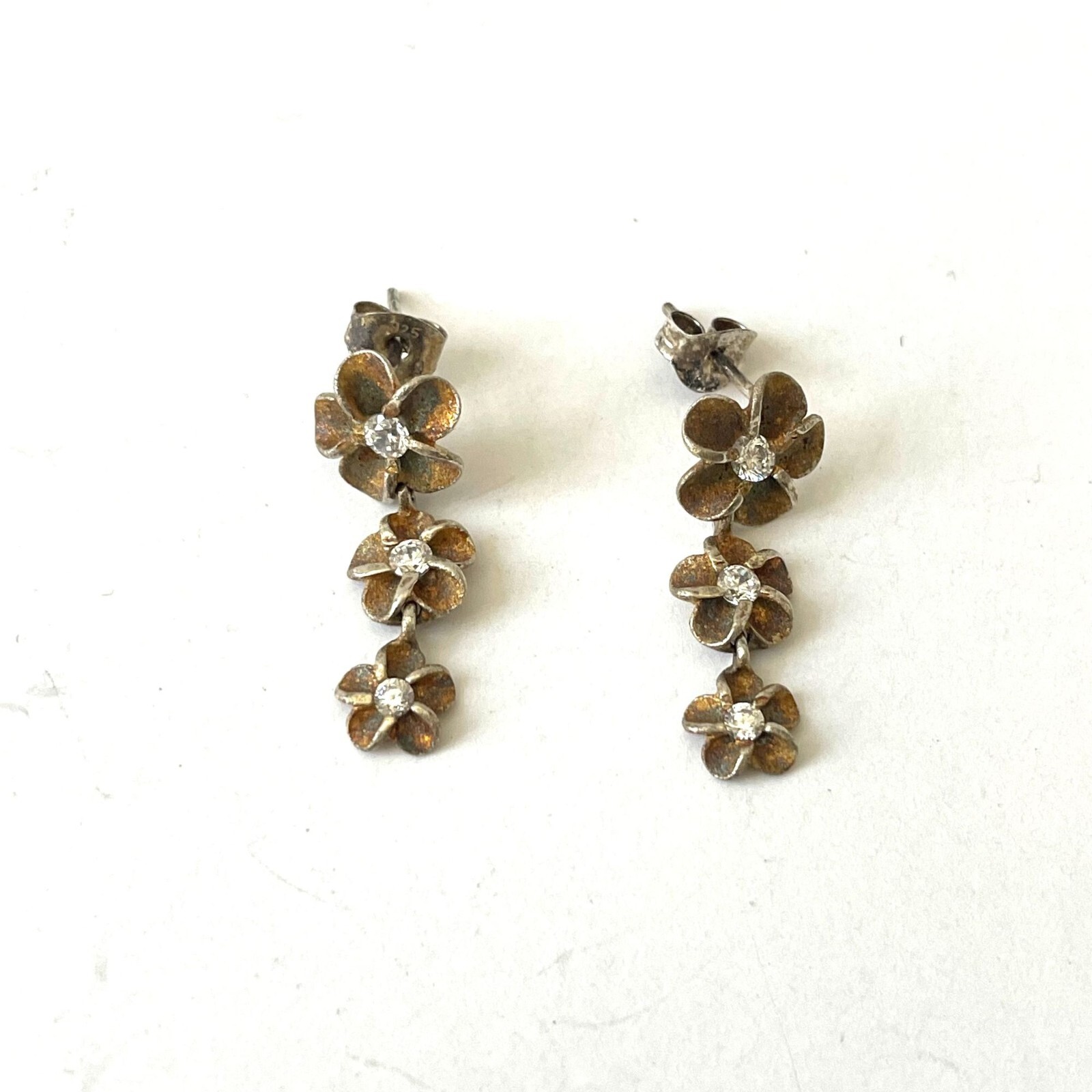2W 925 Sterling Silver Rhinestone Floral Dangle Earrings Vintage Classic Grandma