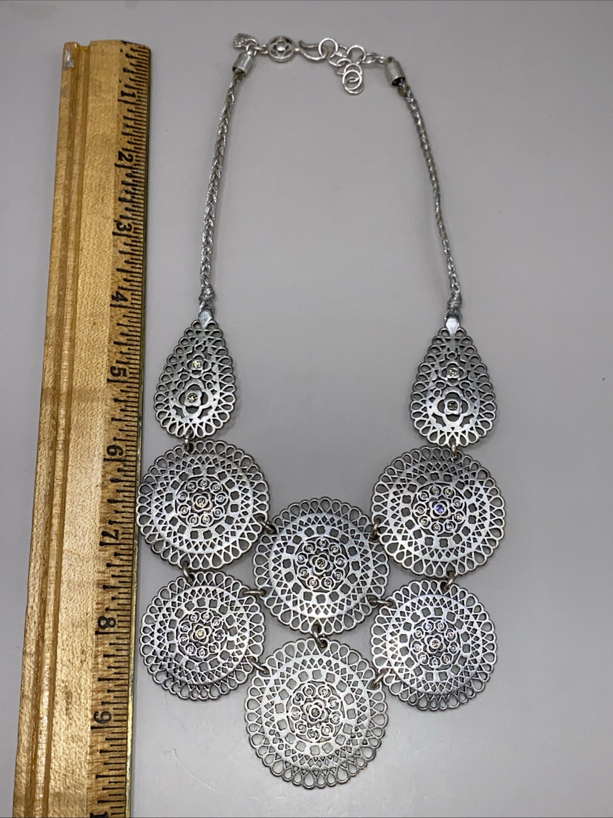 4 VTG Silver Tone Necklaces + Earrings Filigree Medallion Stella & Dot Rope GLAM