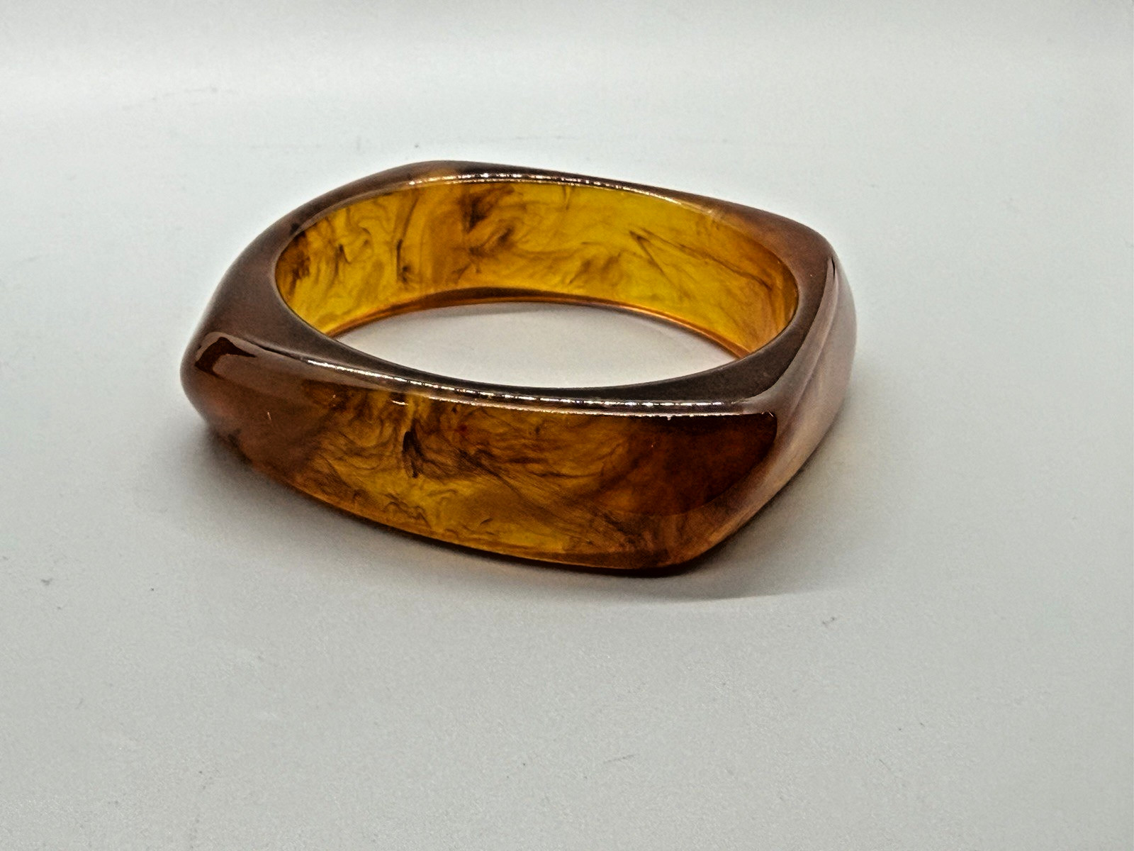Vintage Brown Lucite Statement Bangle Bracelet Marbled Square Modern Sz 8.25