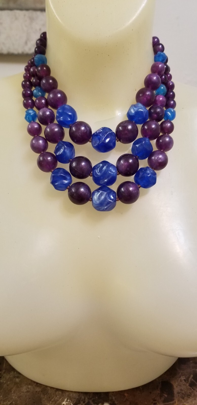 Necklace: Triple Purple and Blue Plastic Beads – Length 18″ Longest Strand Vintg