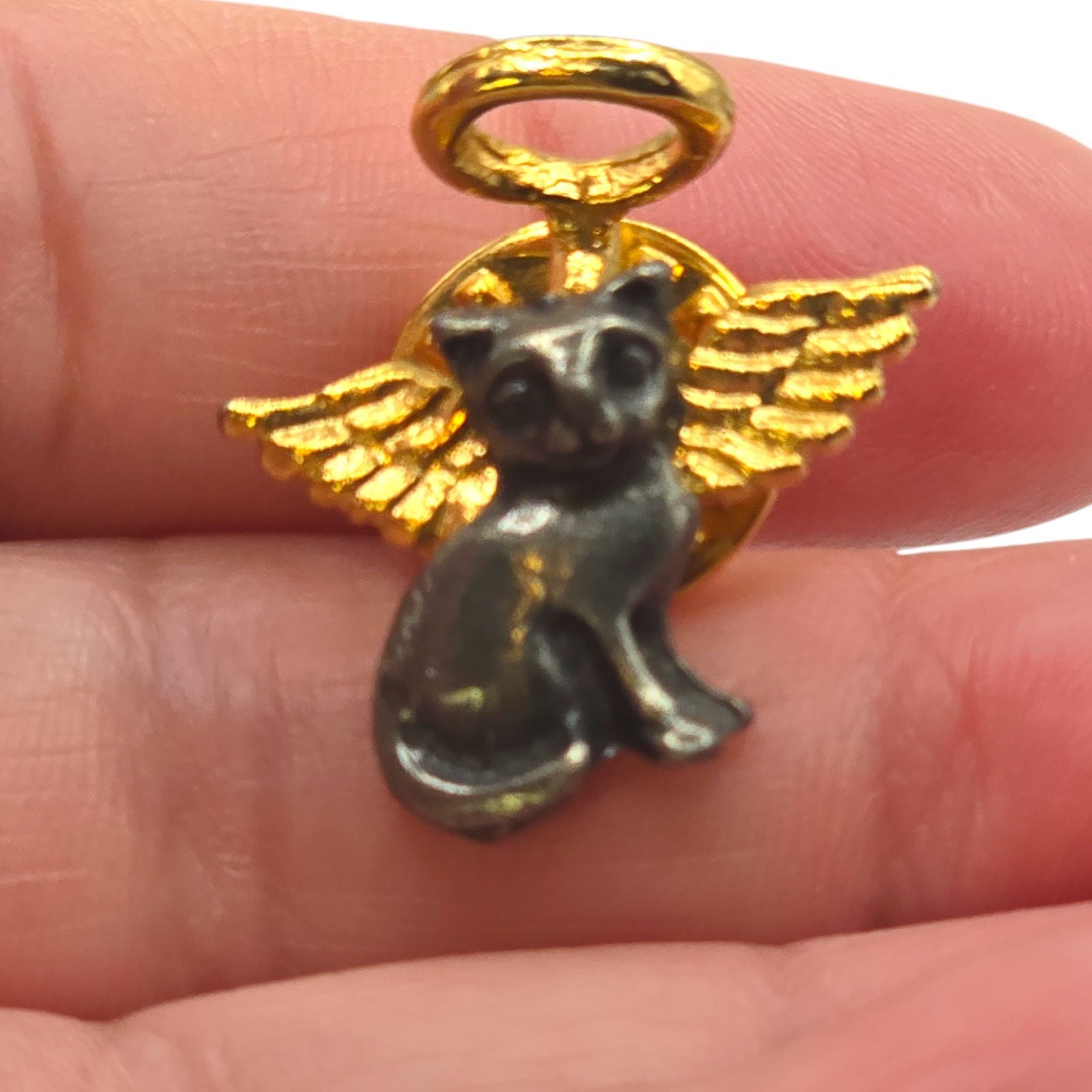 Angel Cat Pin Lapel Vintage Gold Wings Halo Kitty Pewter Minimalist SKU 3107