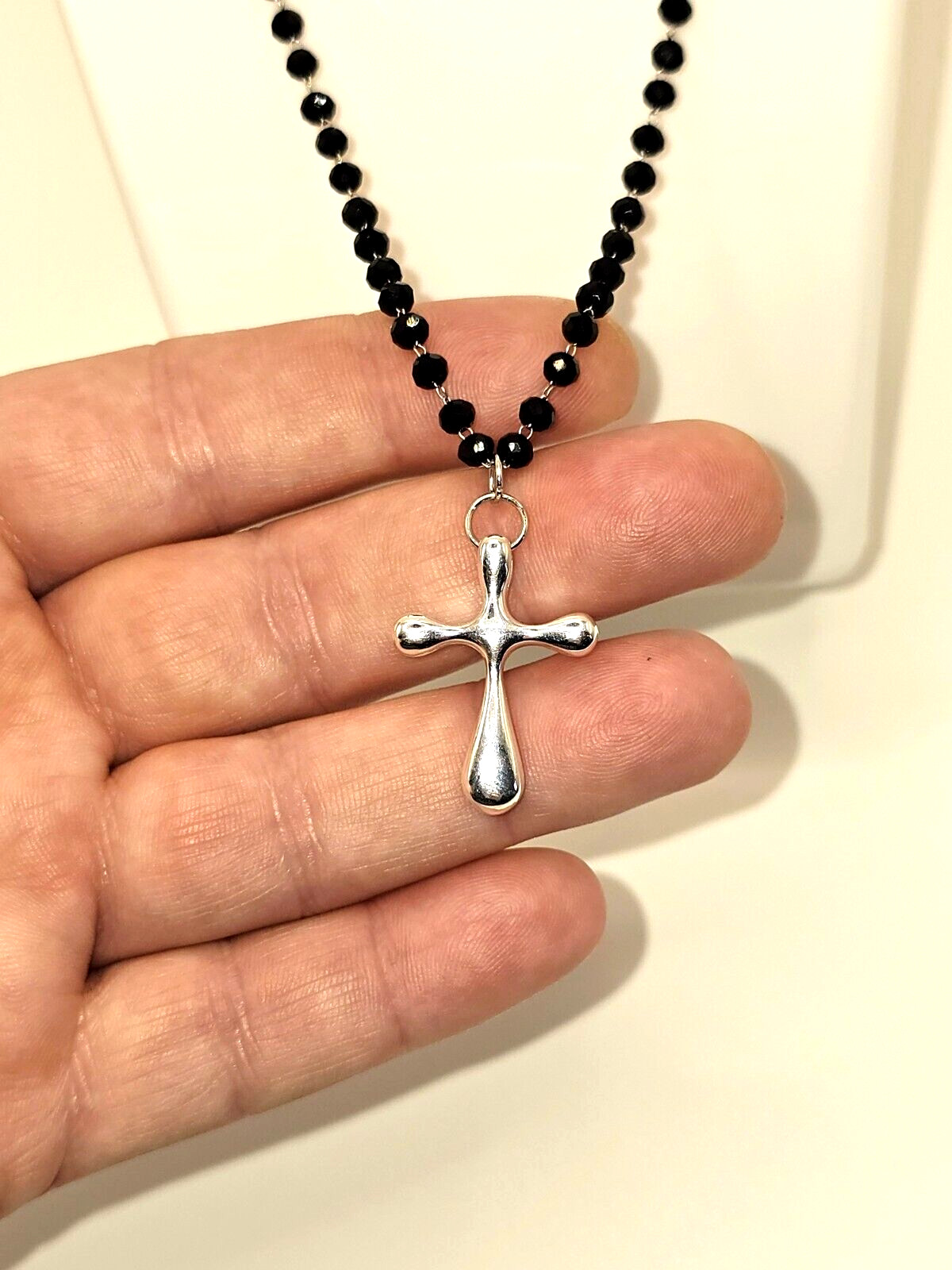 Sterling Silver Cross Necklace Adjustable Black Rosary Chain Lightweight