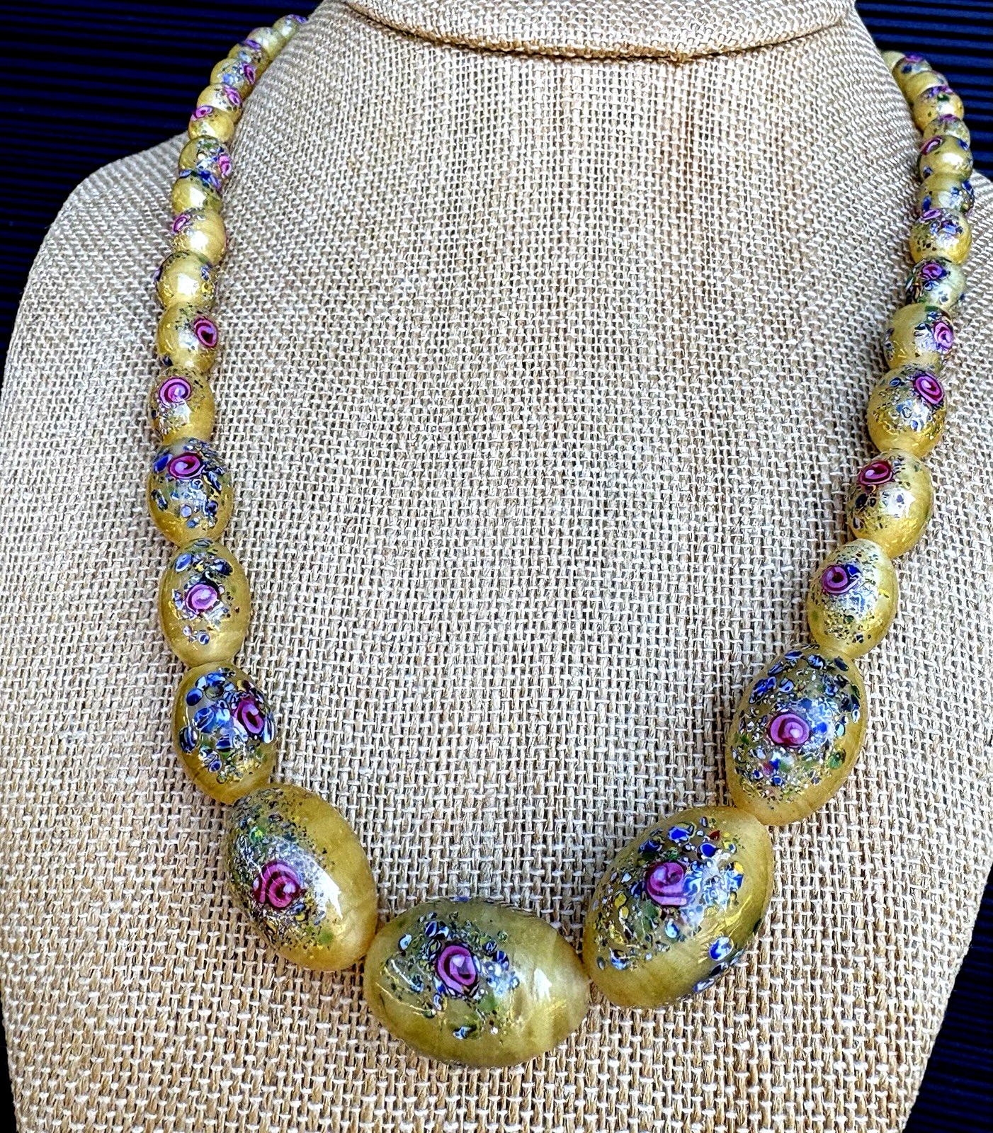 CZECH 1920’S NECKLACE YELLOW SATIN GLASS BEADS WITH FLOWERS 19.6″ Long