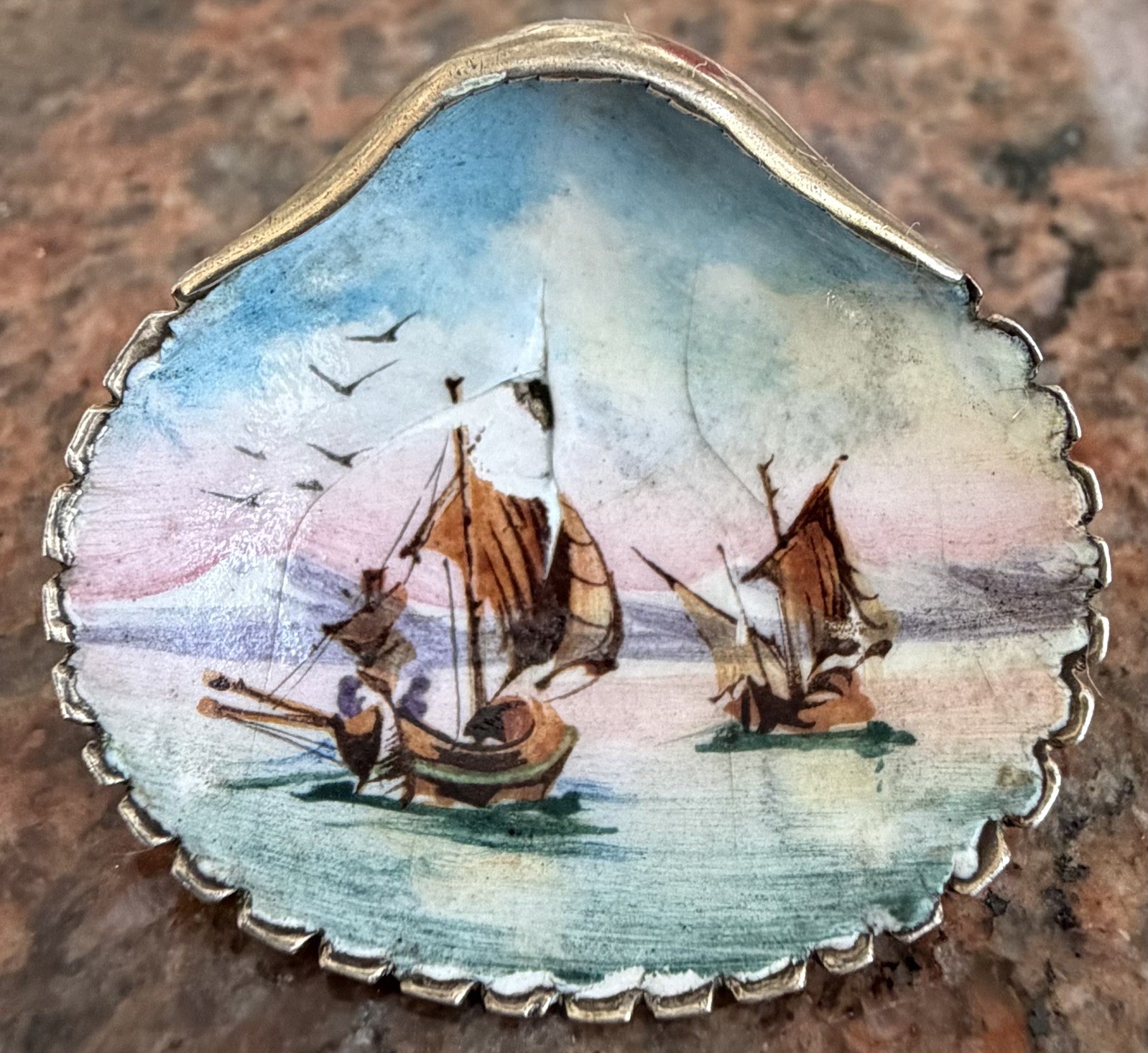 Antique Collectibles 800 Silver China Hand-Painted Sailboat Brooch Rare