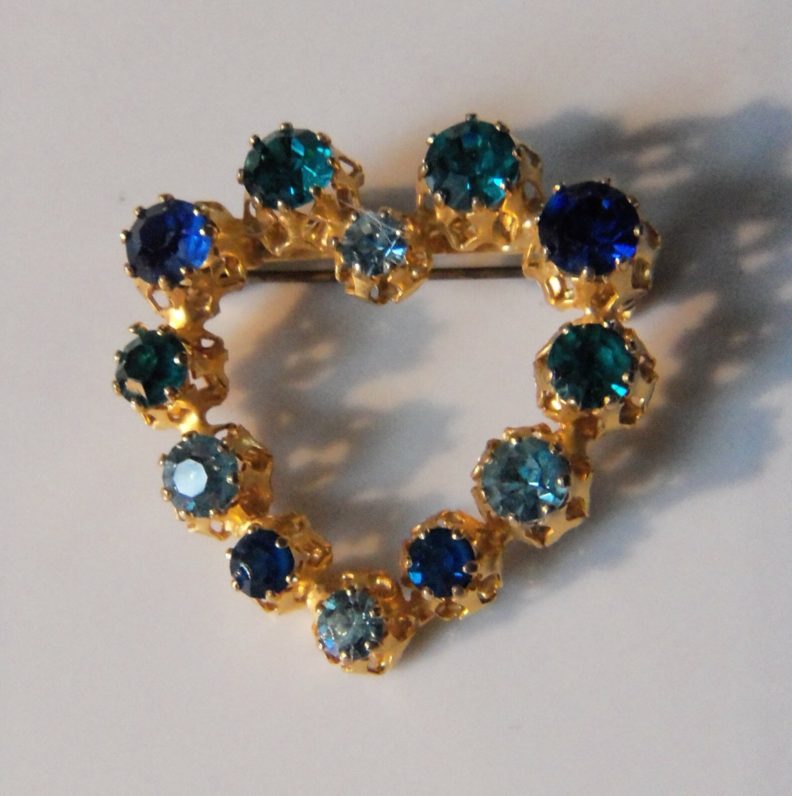Signed AUSTRIA Light/Dark/Teal Blue Crystal Rhinestone Heart Pin