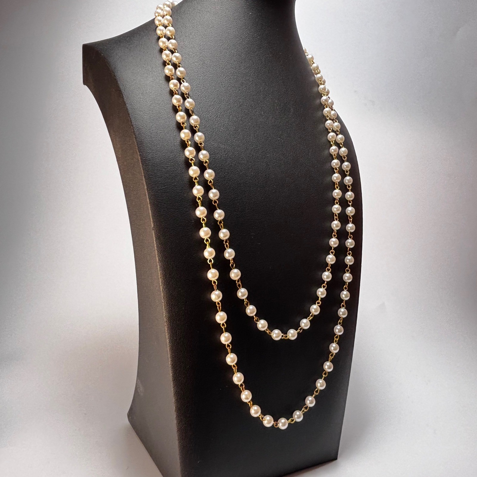 Vintage Necklace Gold Tone Double Strand Faux Pearl Gorgeous Rhinstone Clasp