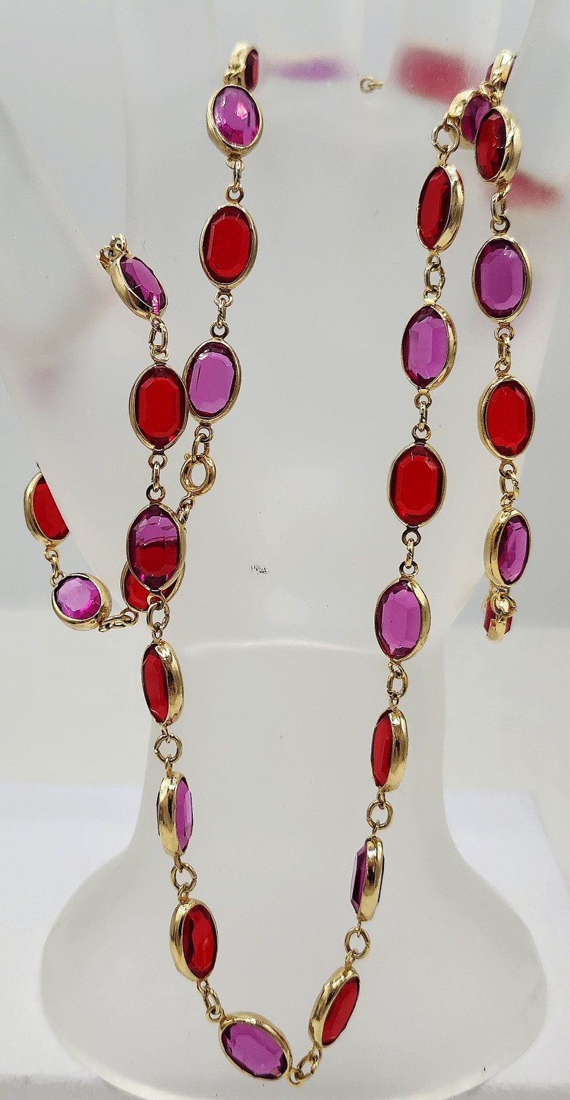 Vintage Bezel Set Oval Fuchsia Pink & Red Crystal Opera Length Necklace 29″ Long