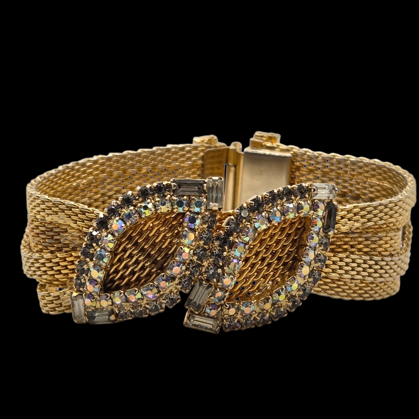 Vintage Hobé Gold Mesh Rhinestone Bracelet 7.25 In. Safety Chain – Signed