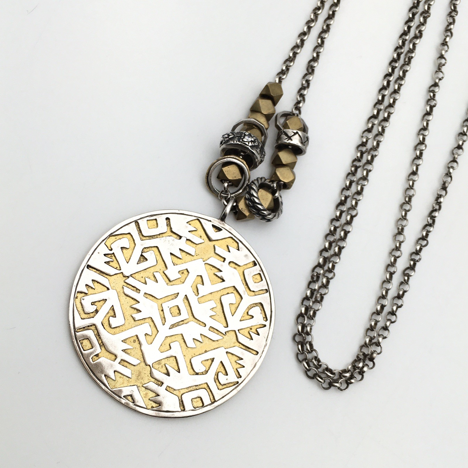 Vtg Sterling Silver & Brass SILPADA “Sundial” Pendant Necklace 34” 925 27g #21