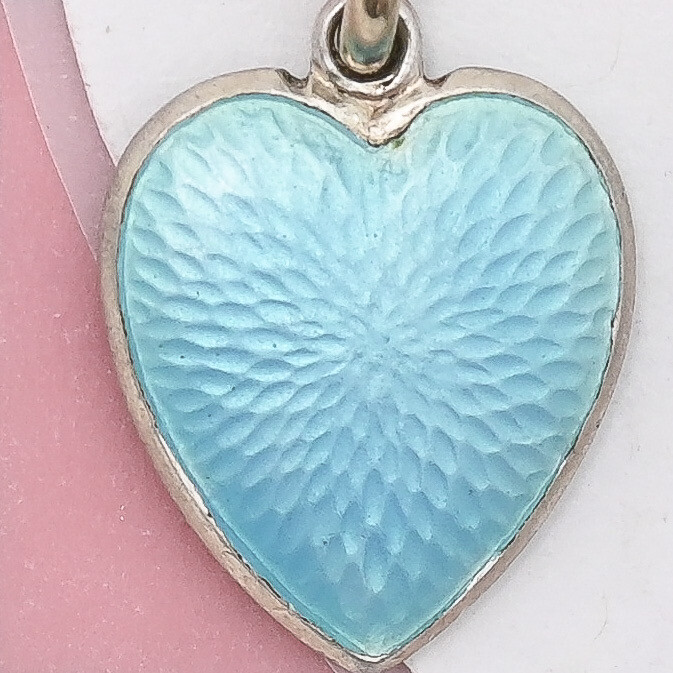 Antique Victorian HEART Guilloche Blue Enamel Sterling Silver Charm Pendant