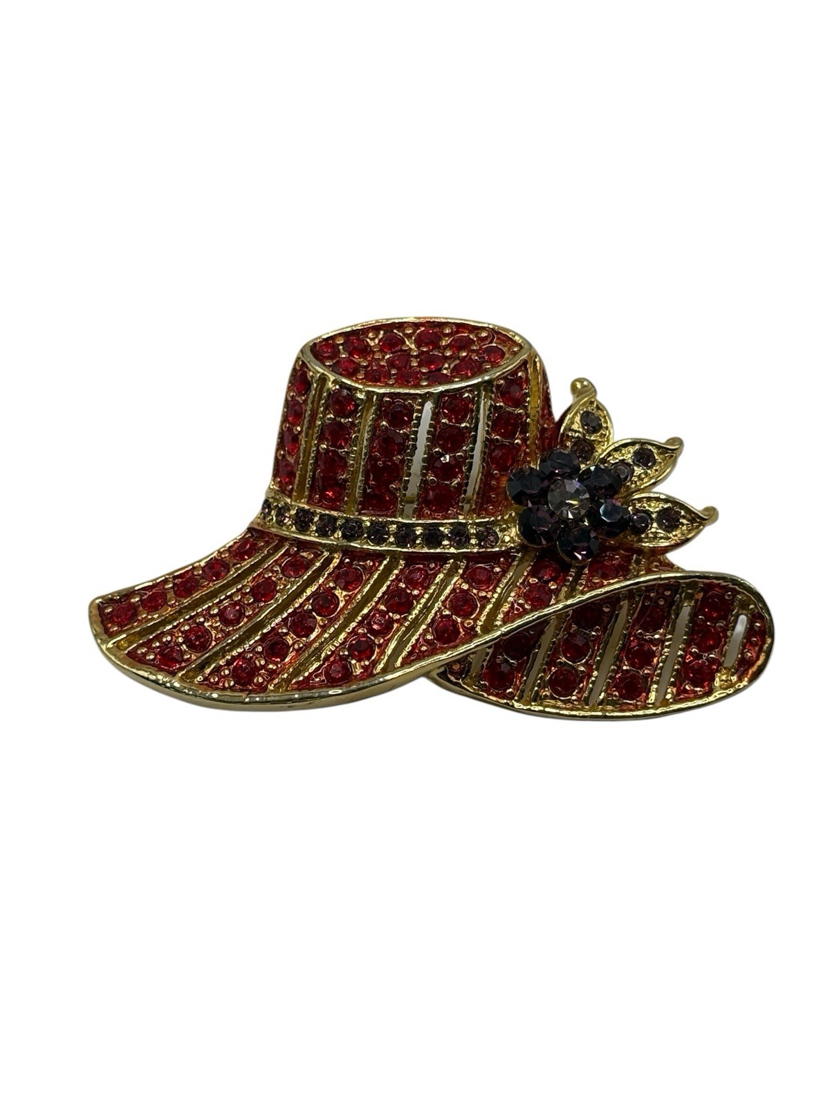 Vintage Red Hat Society Brooch Pin Red & Purple Rhinestones Gold Tone Flower