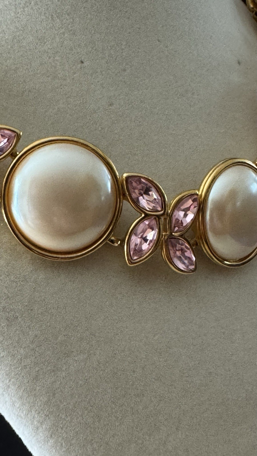 Vintage Monet Runway Necklace Faux Pearls Pink Crystal Gold Tone Statement